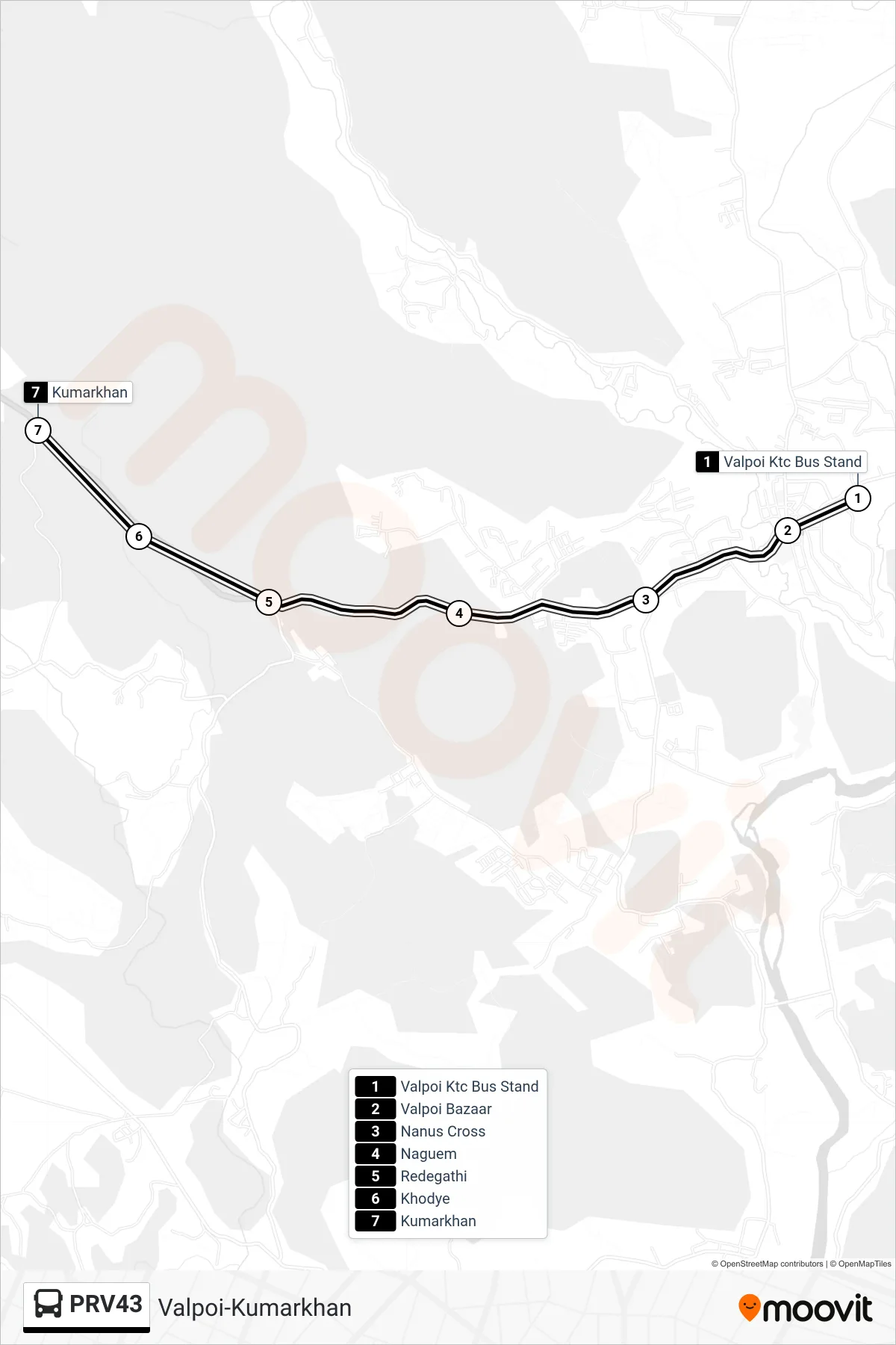 PRV43 bus Line (Valpoi-Kumarkhan) route and stops on a map