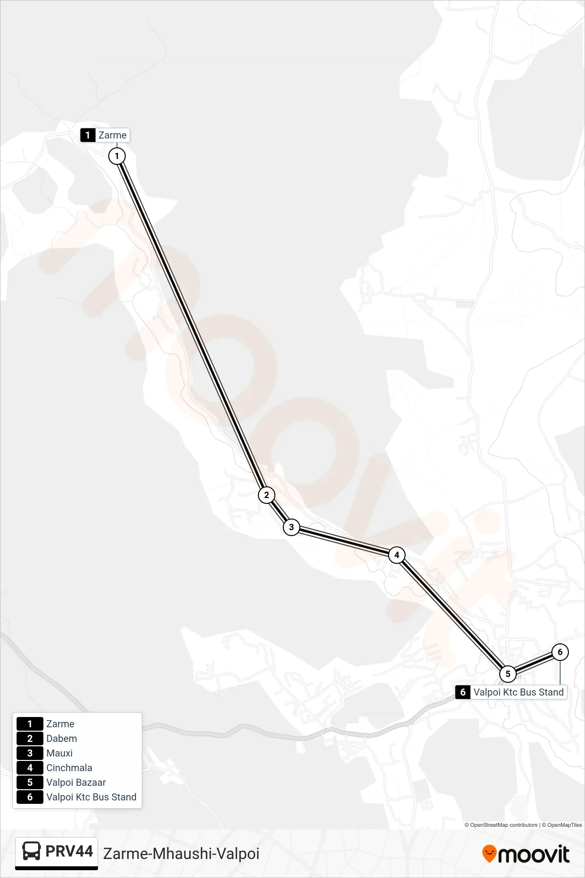PRV44 bus Line (Zarme-Mhaushi-Valpoi) route and stops on a map