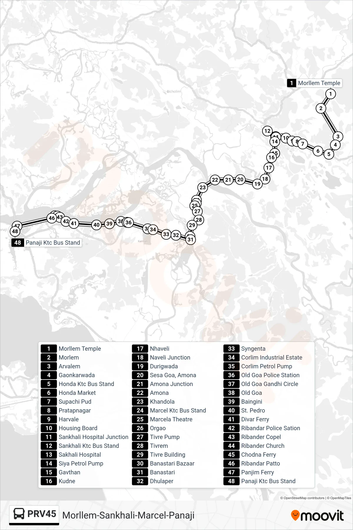 PRV45 bus Line (Morllem-Sankhali-Marcel-Panaji) route and stops on a map