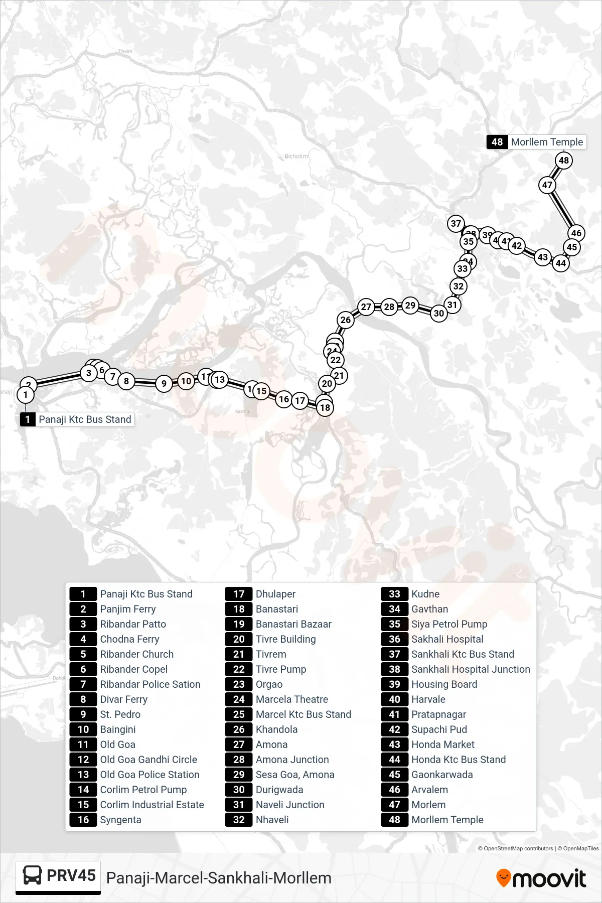 PRV45 bus Line (Panaji-Marcel-Sankhali-Morllem) route and stops on a map