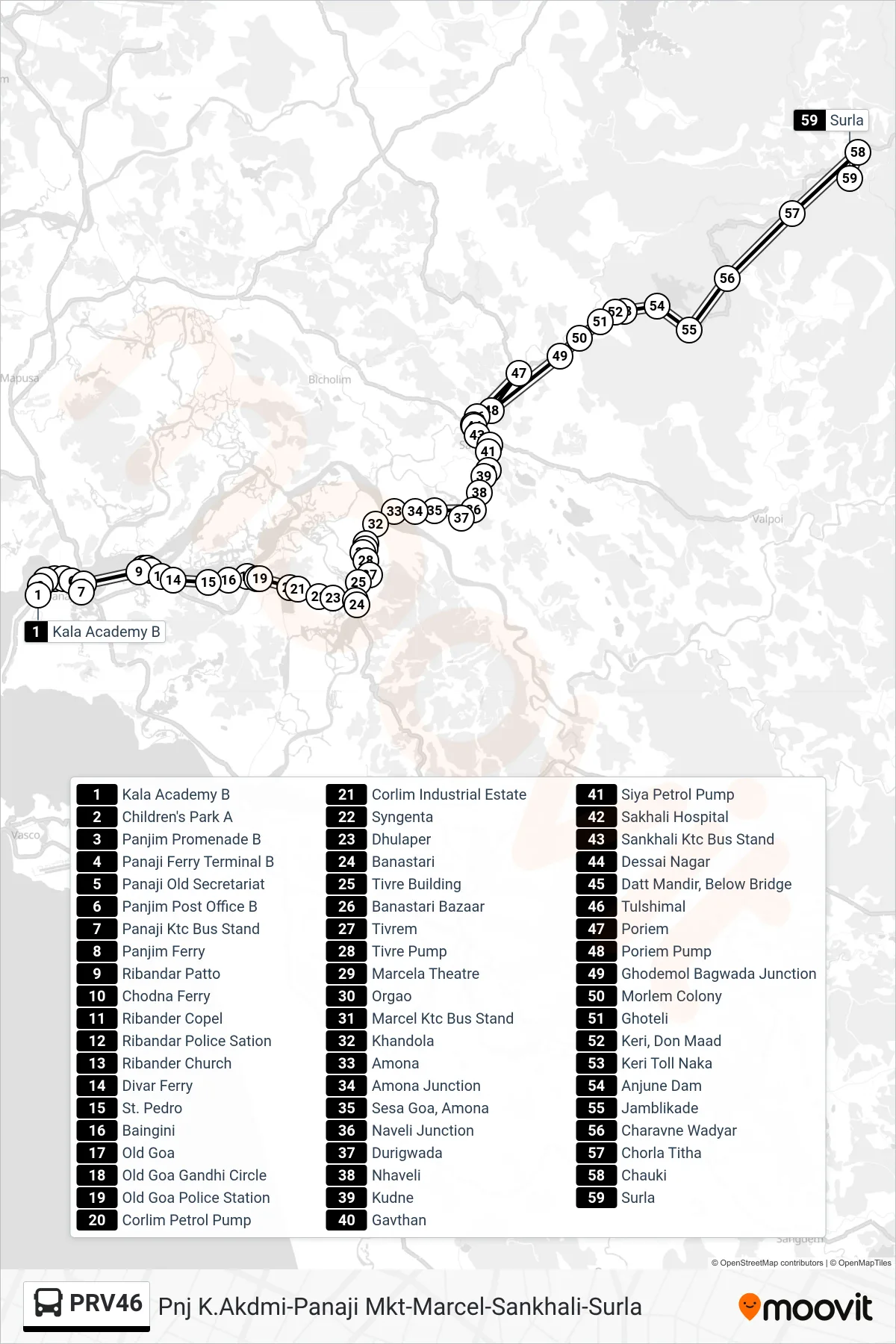 PRV46 bus Line (Pnj K.Akdmi-Panaji Mkt-Marcel-Sankhali-Surla) route and stops on a map