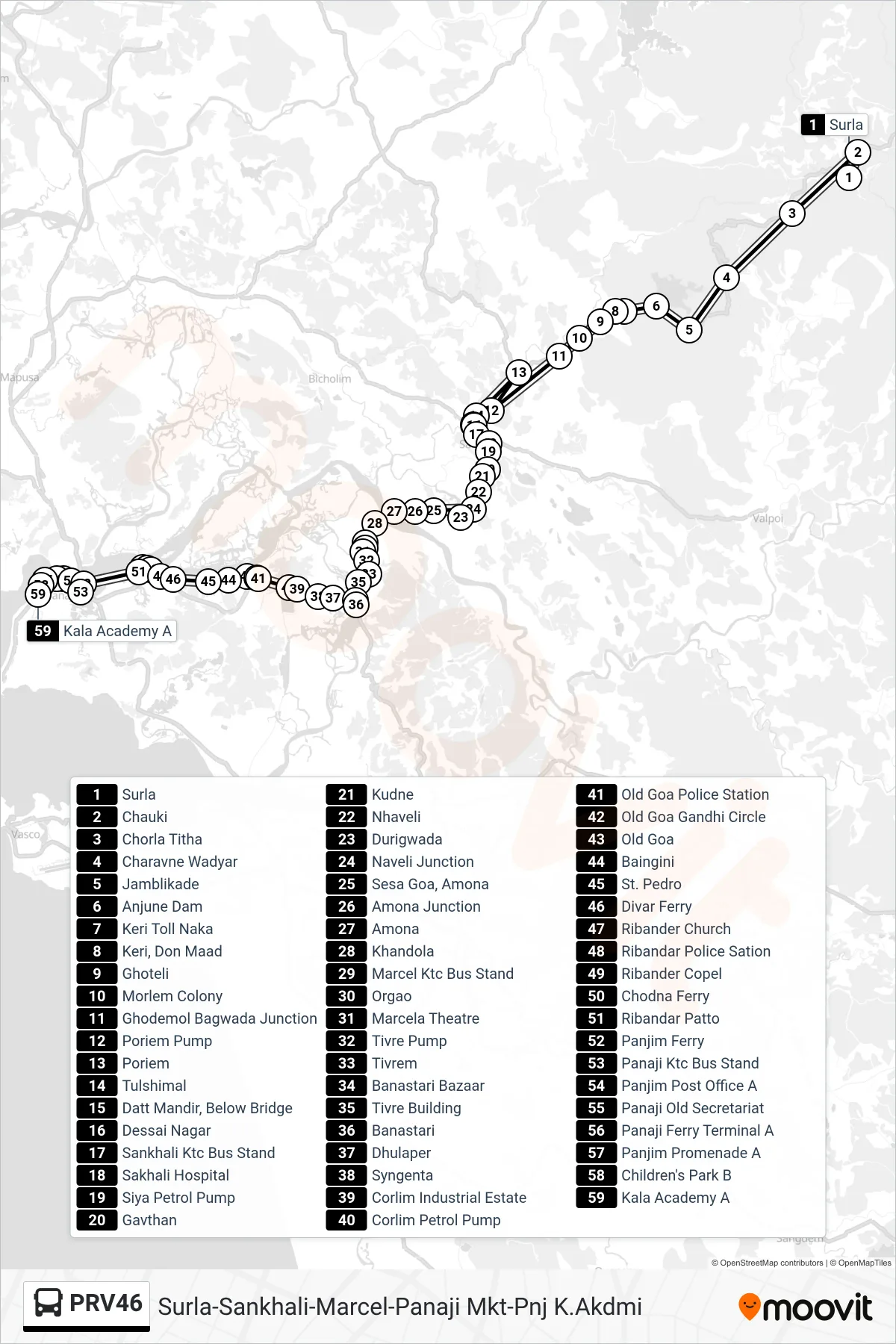 PRV46 bus Line (Surla-Sankhali-Marcel-Panaji Mkt-Pnj K.Akdmi) route and stops on a map
