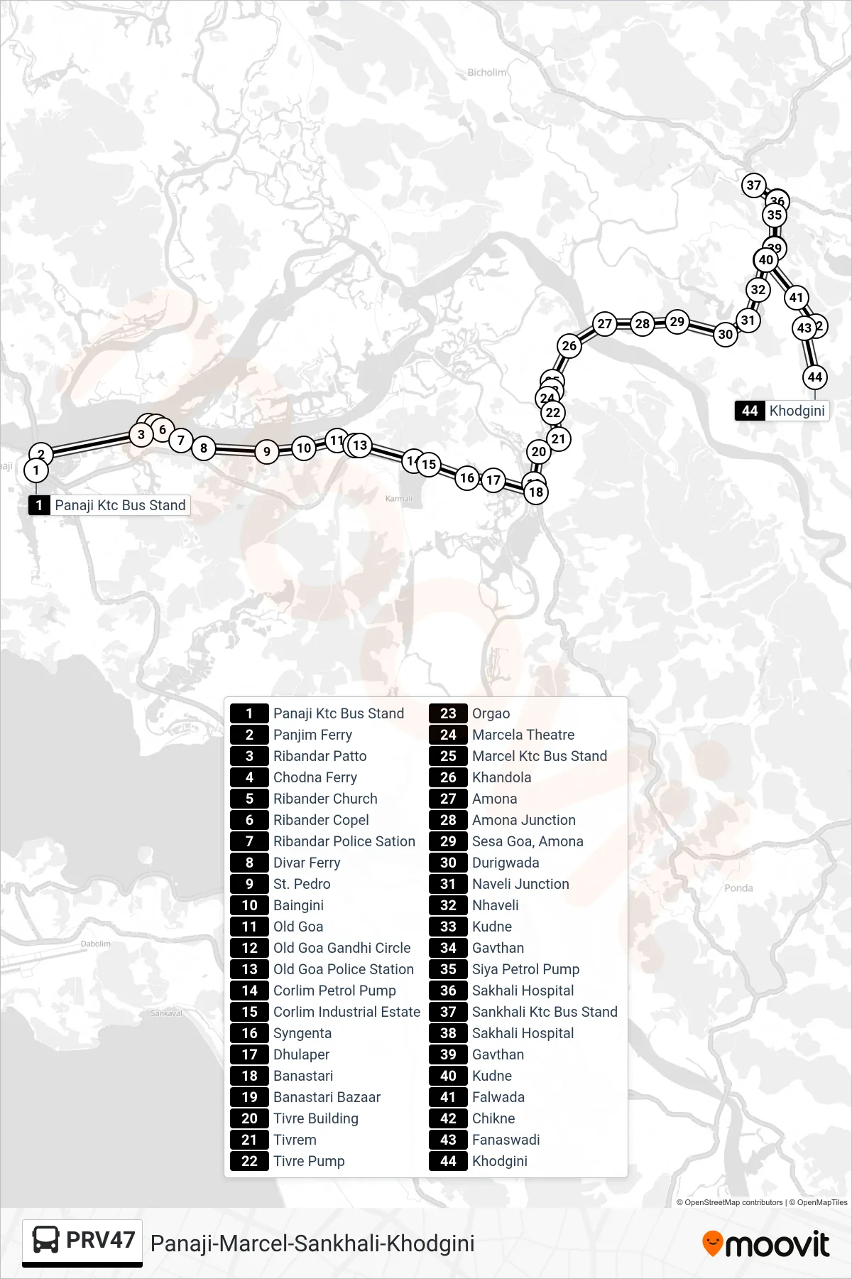 PRV47 bus Line (Panaji-Marcel-Sankhali-Khodgini) route and stops on a map