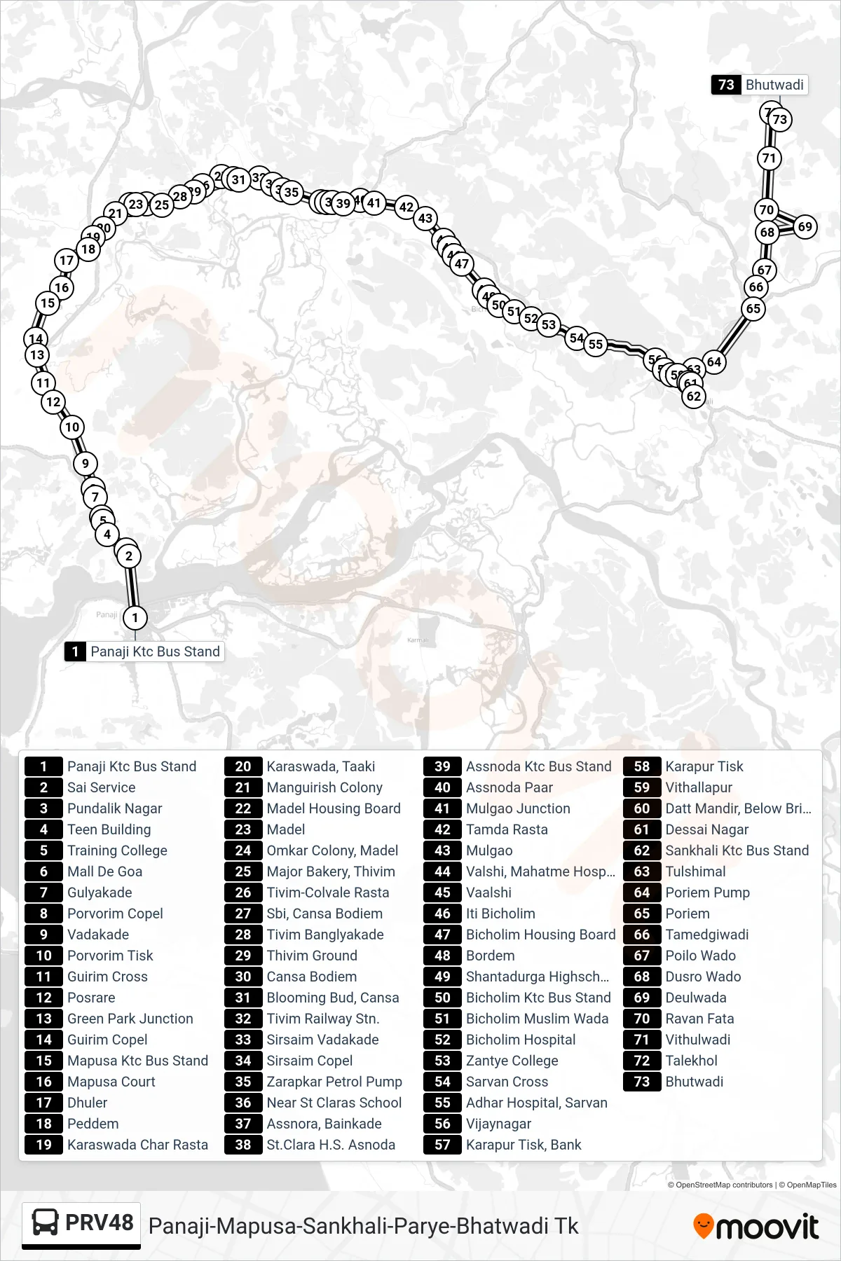 PRV48 bus Line (Panaji-Mapusa-Sankhali-Parye-Bhatwadi Tk) route and stops on a map
