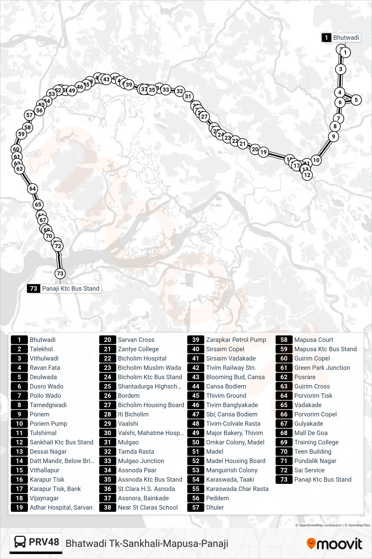 PRV48 bus Line (Bhatwadi Tk-Sankhali-Mapusa-Panaji) route and stops on a map