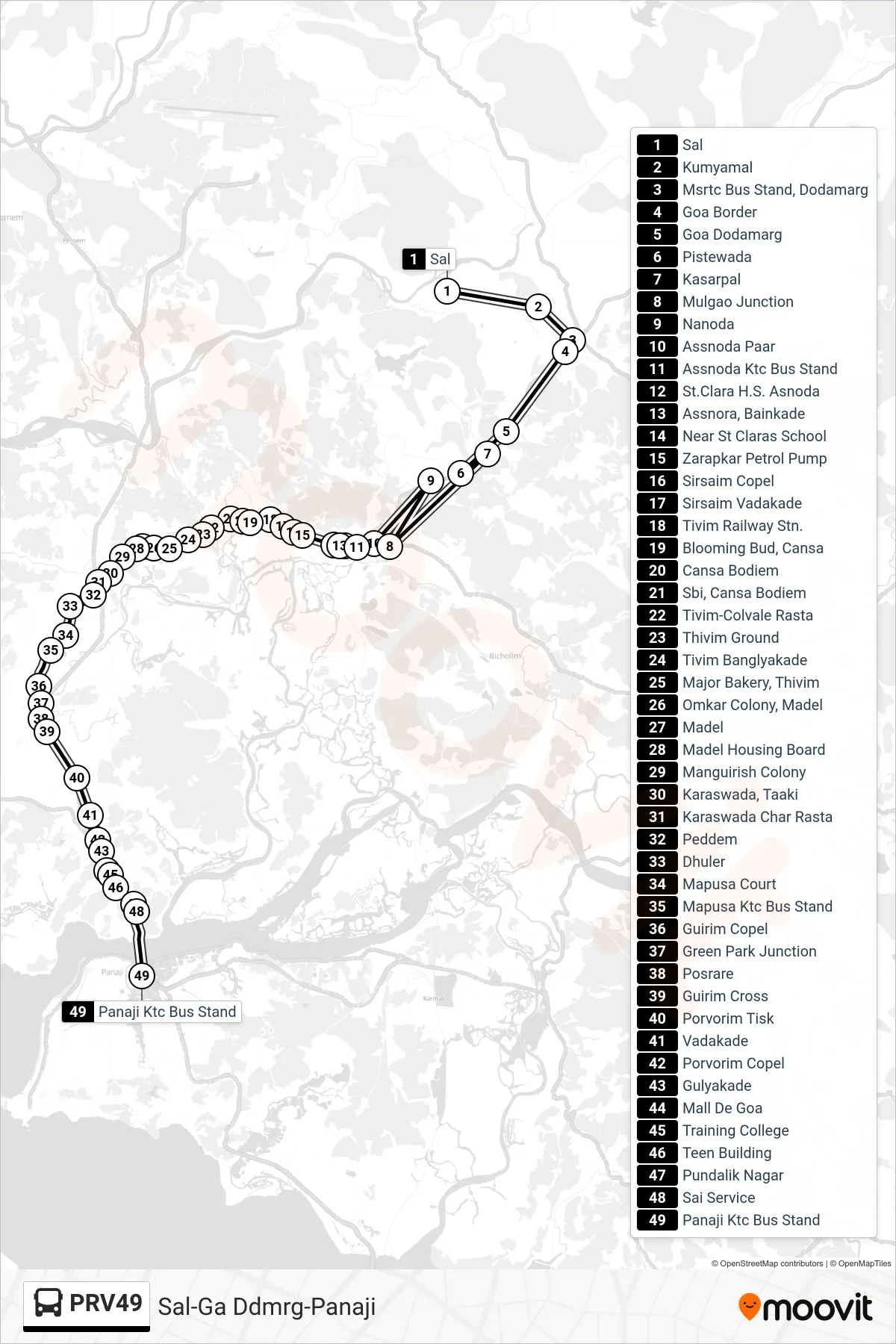 PRV49 bus Line (Sal-Ga Ddmrg-Panaji) route and stops on a map