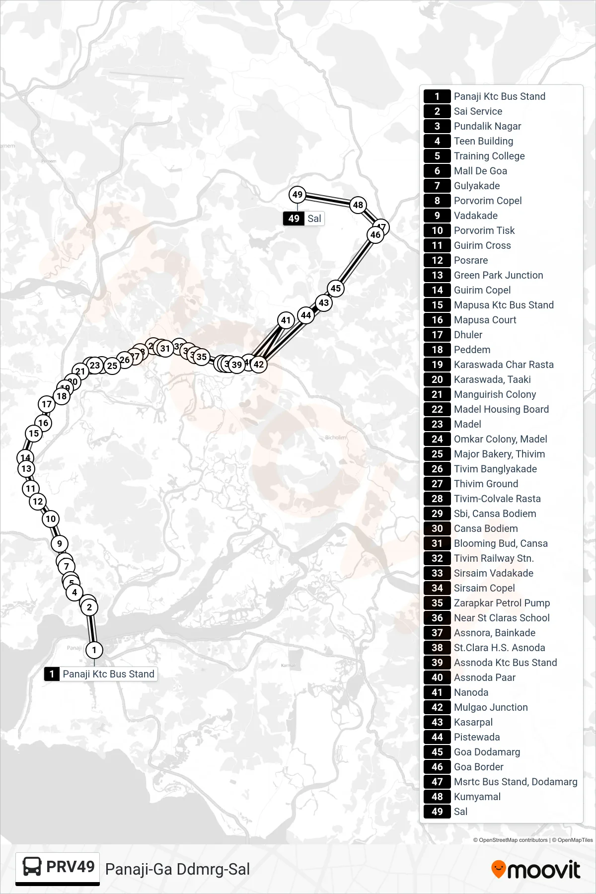 PRV49 bus Line (Panaji-Ga Ddmrg-Sal) route and stops on a map