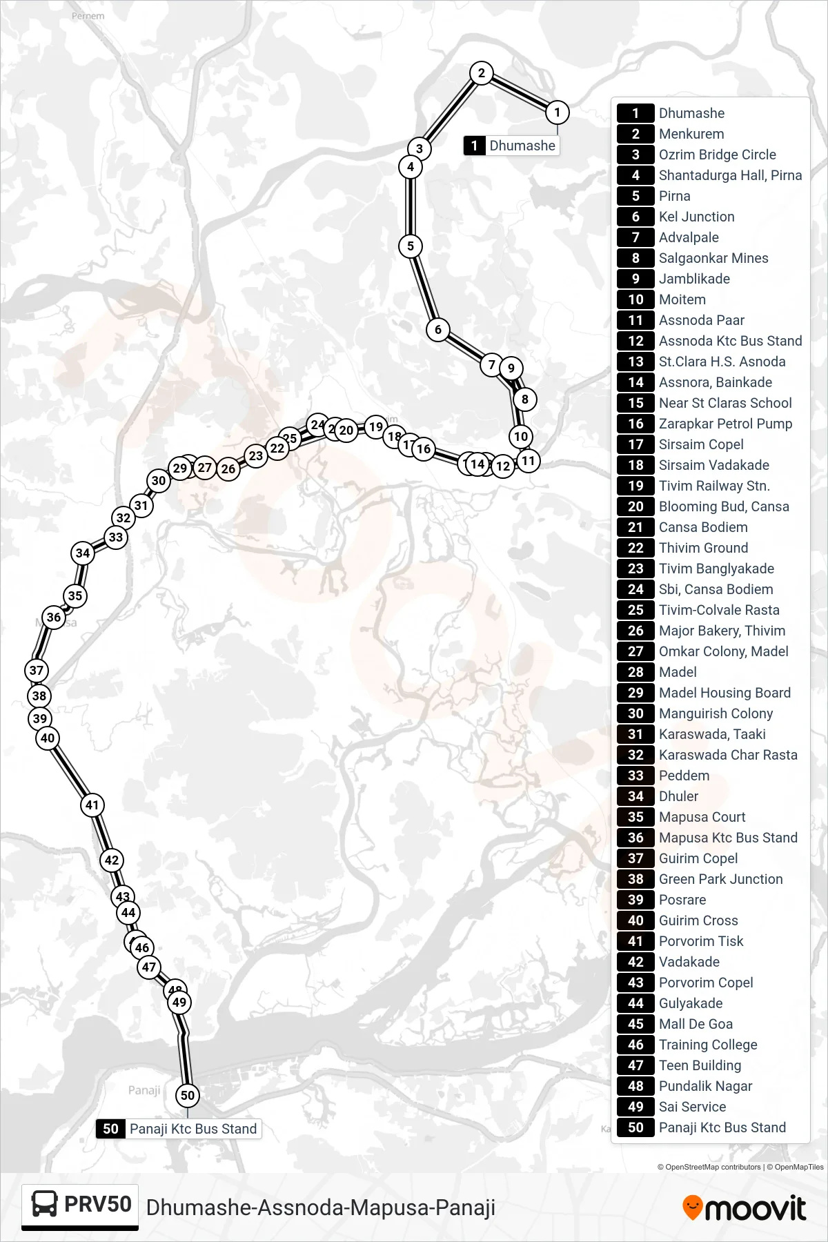 PRV50 bus Line (Dhumashe-Assnoda-Mapusa-Panaji) route and stops on a map