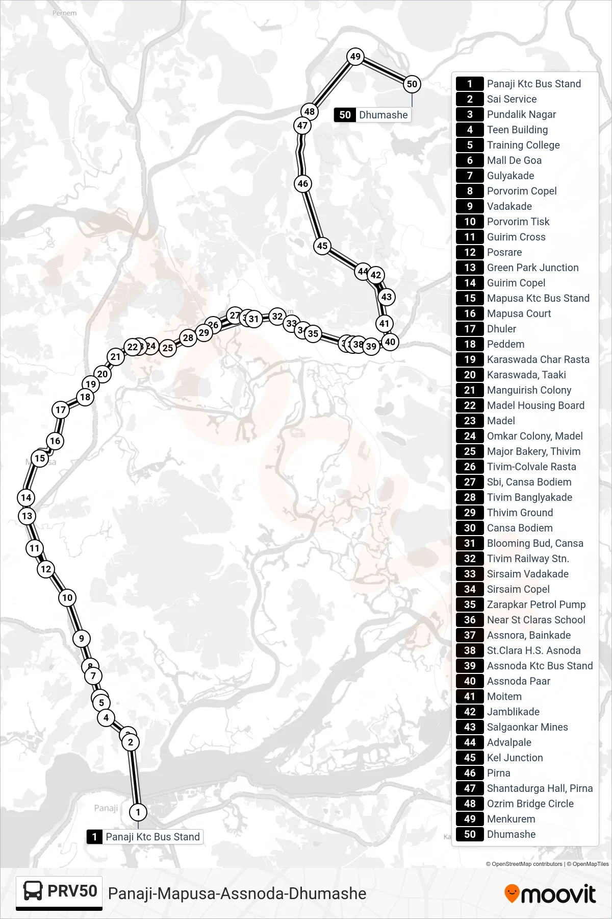 PRV50 bus Line (Panaji-Mapusa-Assnoda-Dhumashe) route and stops on a map