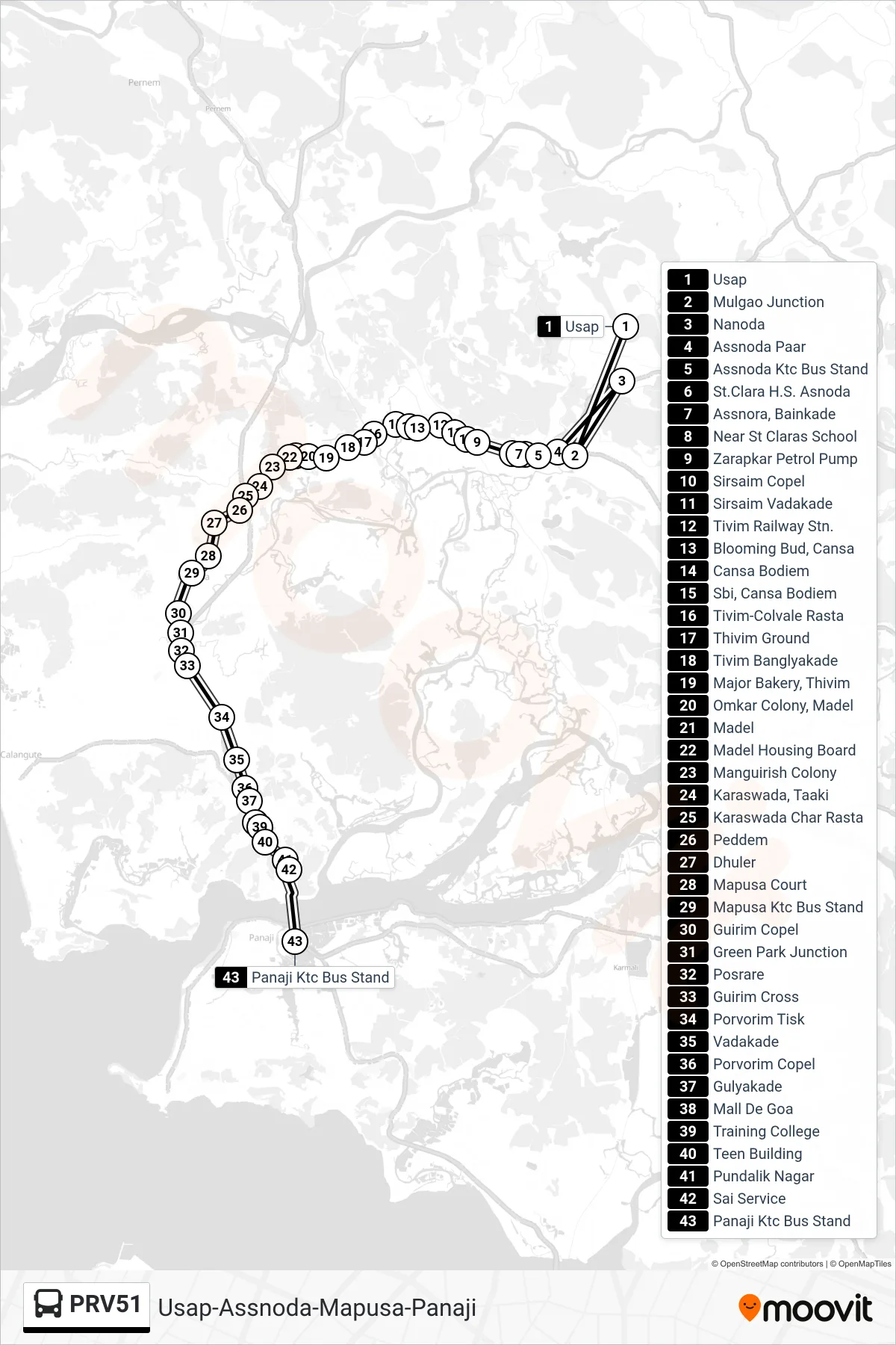 PRV51 bus Line (Usap-Assnoda-Mapusa-Panaji) route and stops on a map