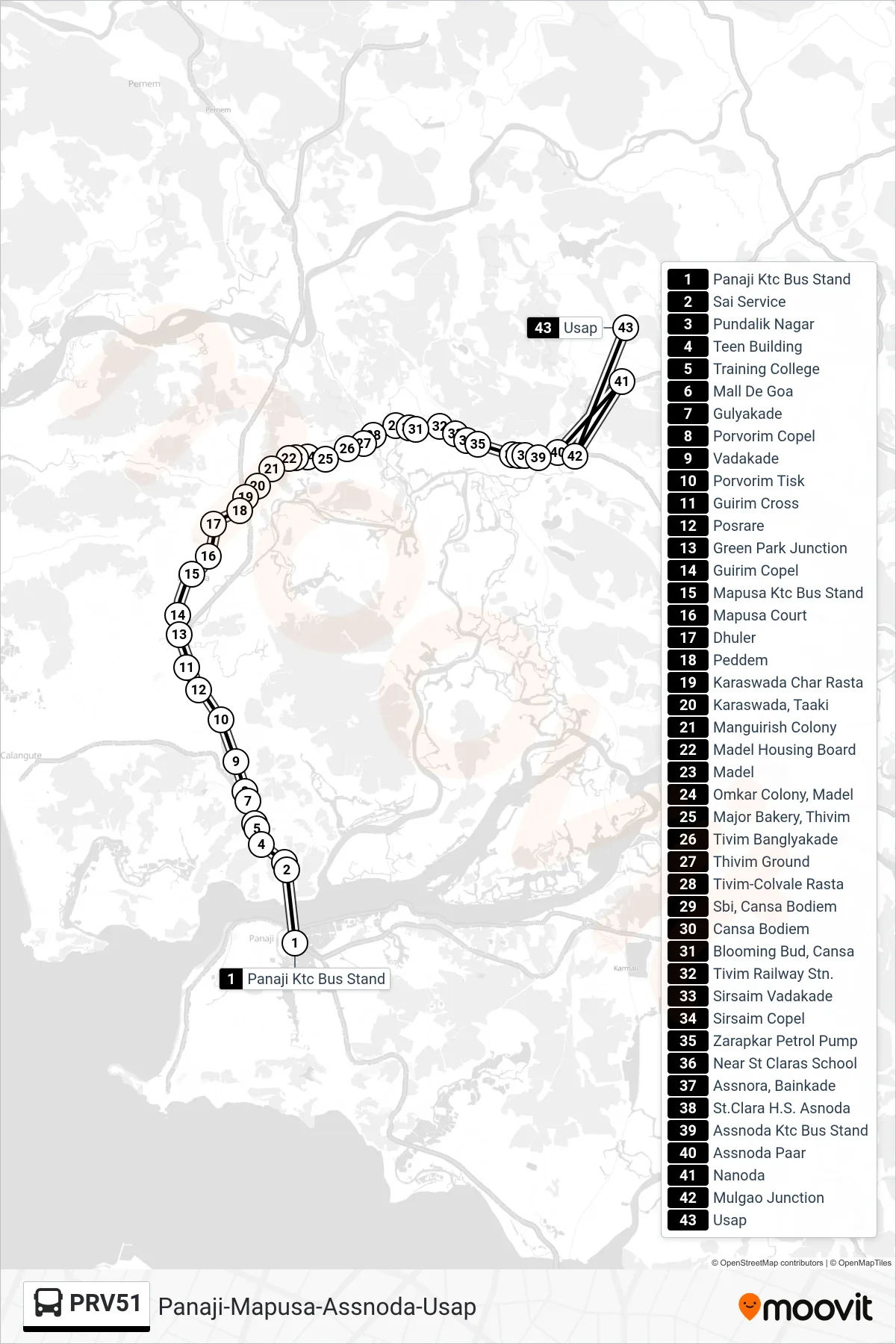 PRV51 bus Line (Panaji-Mapusa-Assnoda-Usap) route and stops on a map