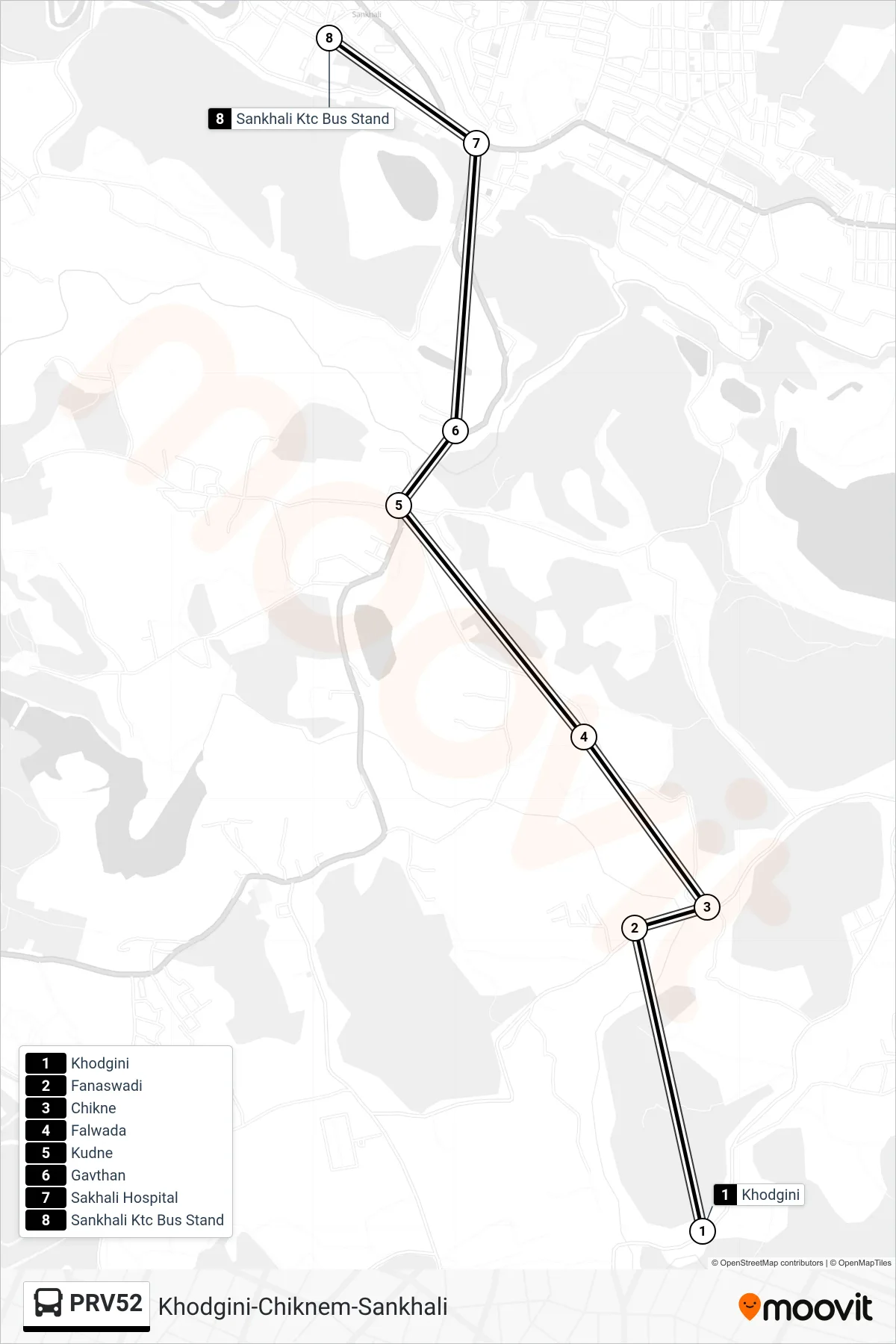 PRV52 bus Line (Khodgini-Chiknem-Sankhali) route and stops on a map