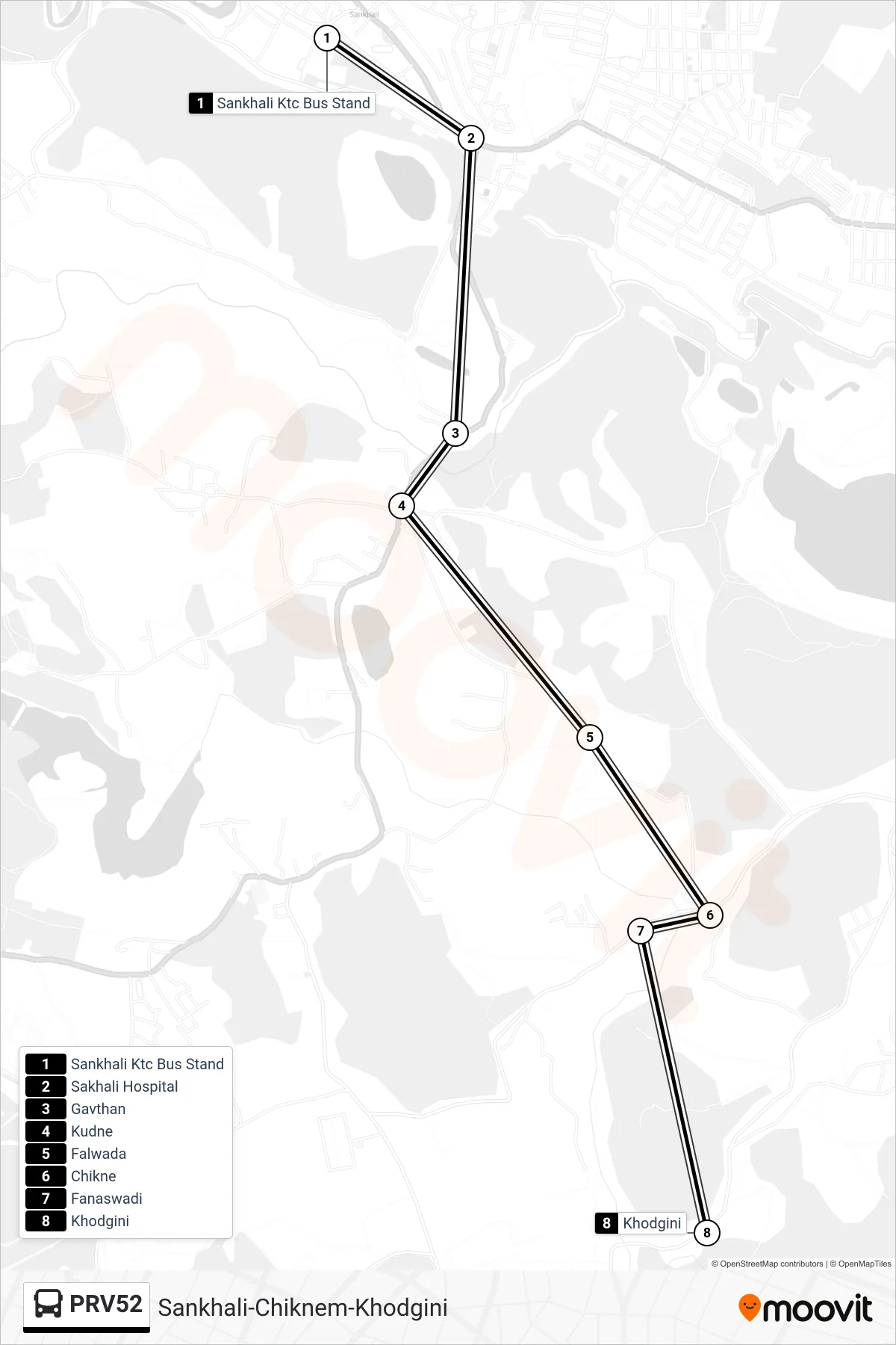 PRV52 bus Line (Sankhali-Chiknem-Khodgini) route and stops on a map