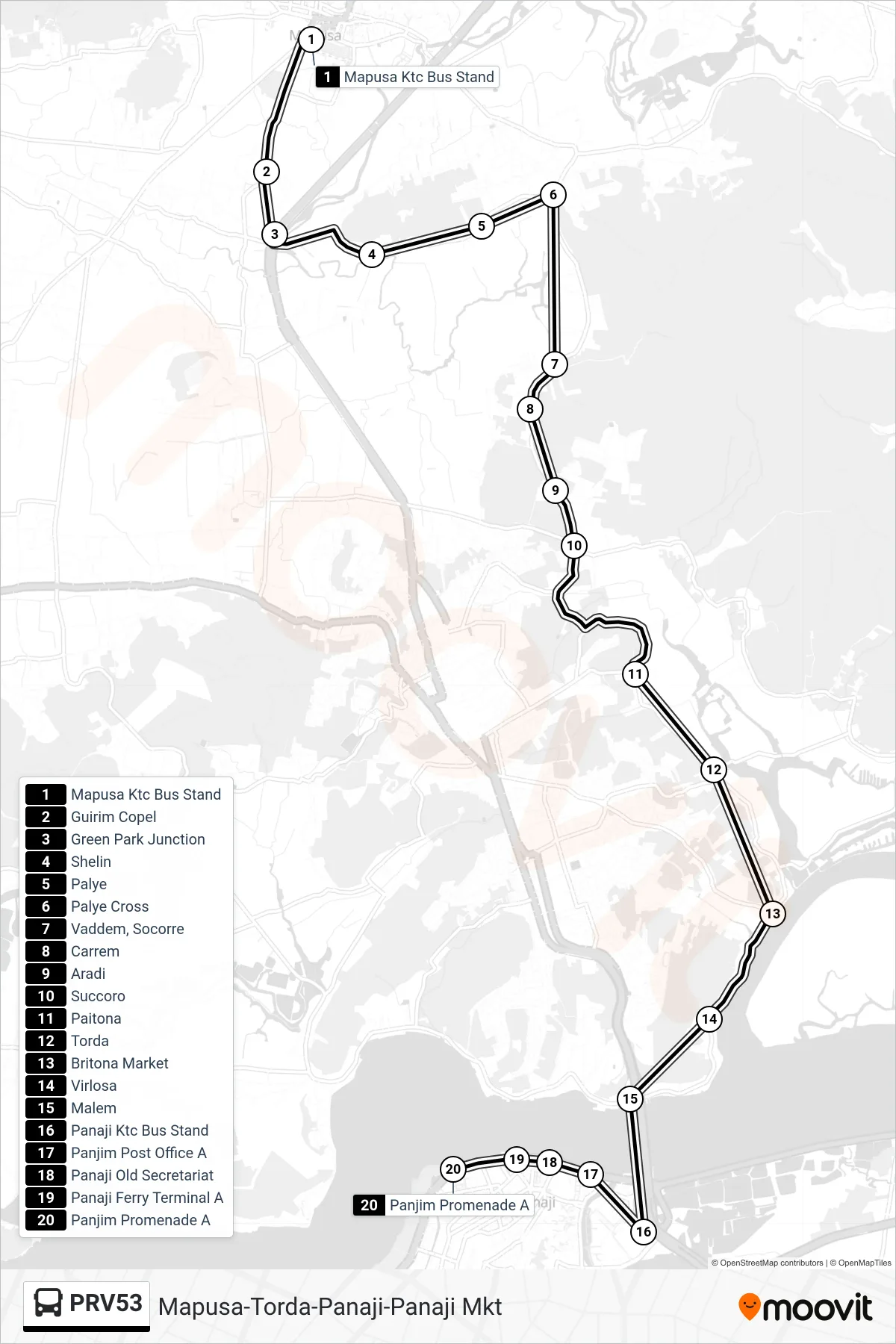 PRV53 bus Line (Mapusa-Torda-Panaji-Panaji Mkt) route and stops on a map