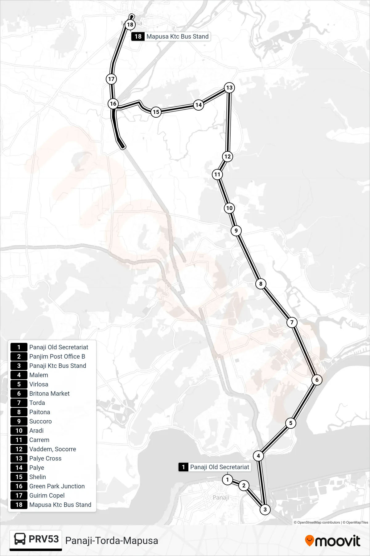 PRV53 bus Line (Panaji-Torda-Mapusa) route and stops on a map