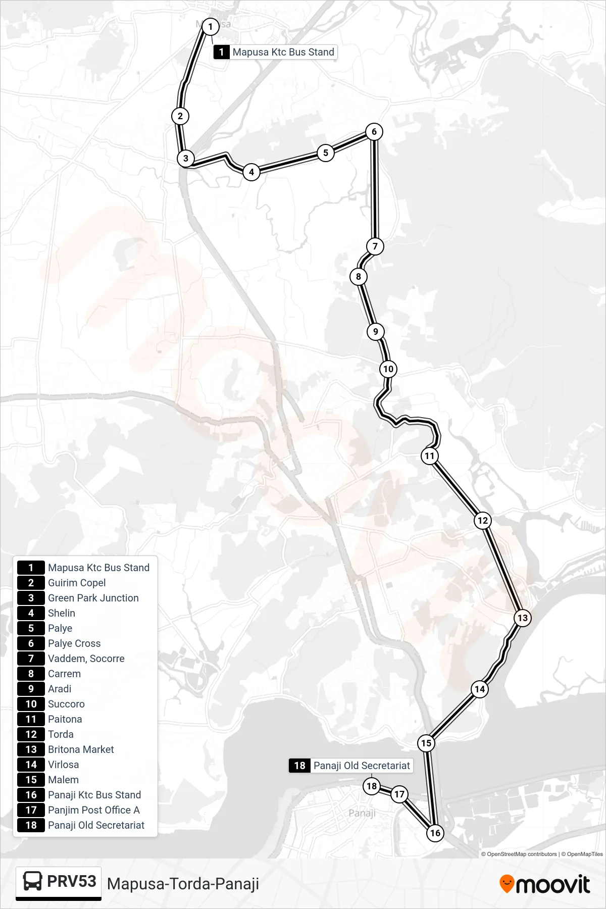 PRV53 bus Line (Mapusa-Torda-Panaji) route and stops on a map