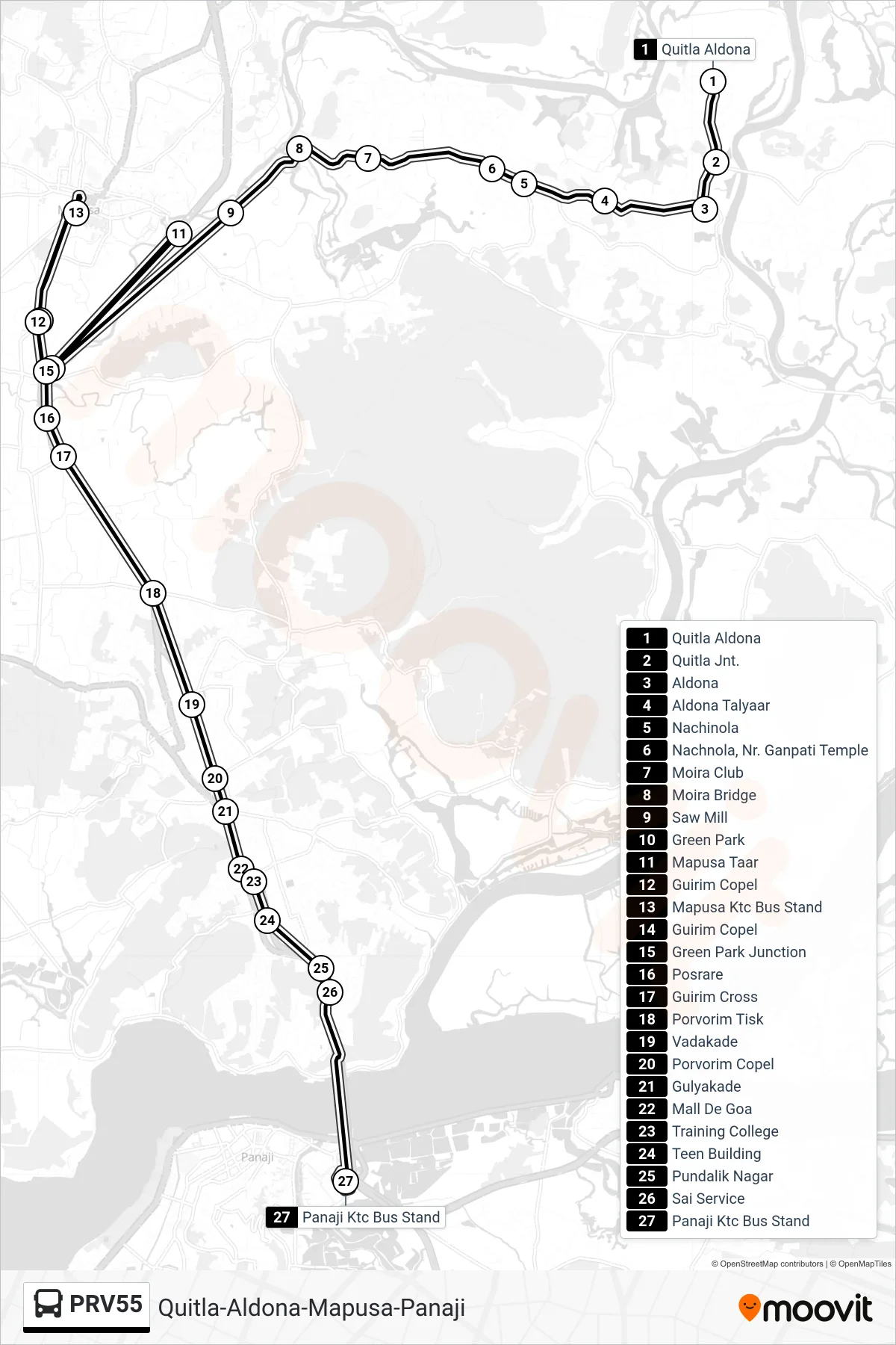 PRV55 bus Line (Quitla-Aldona-Mapusa-Panaji) route and stops on a map