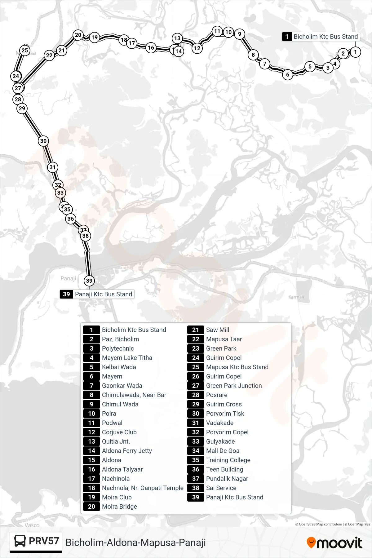 PRV57 bus Line (Bicholim-Aldona-Mapusa-Panaji) route and stops on a map