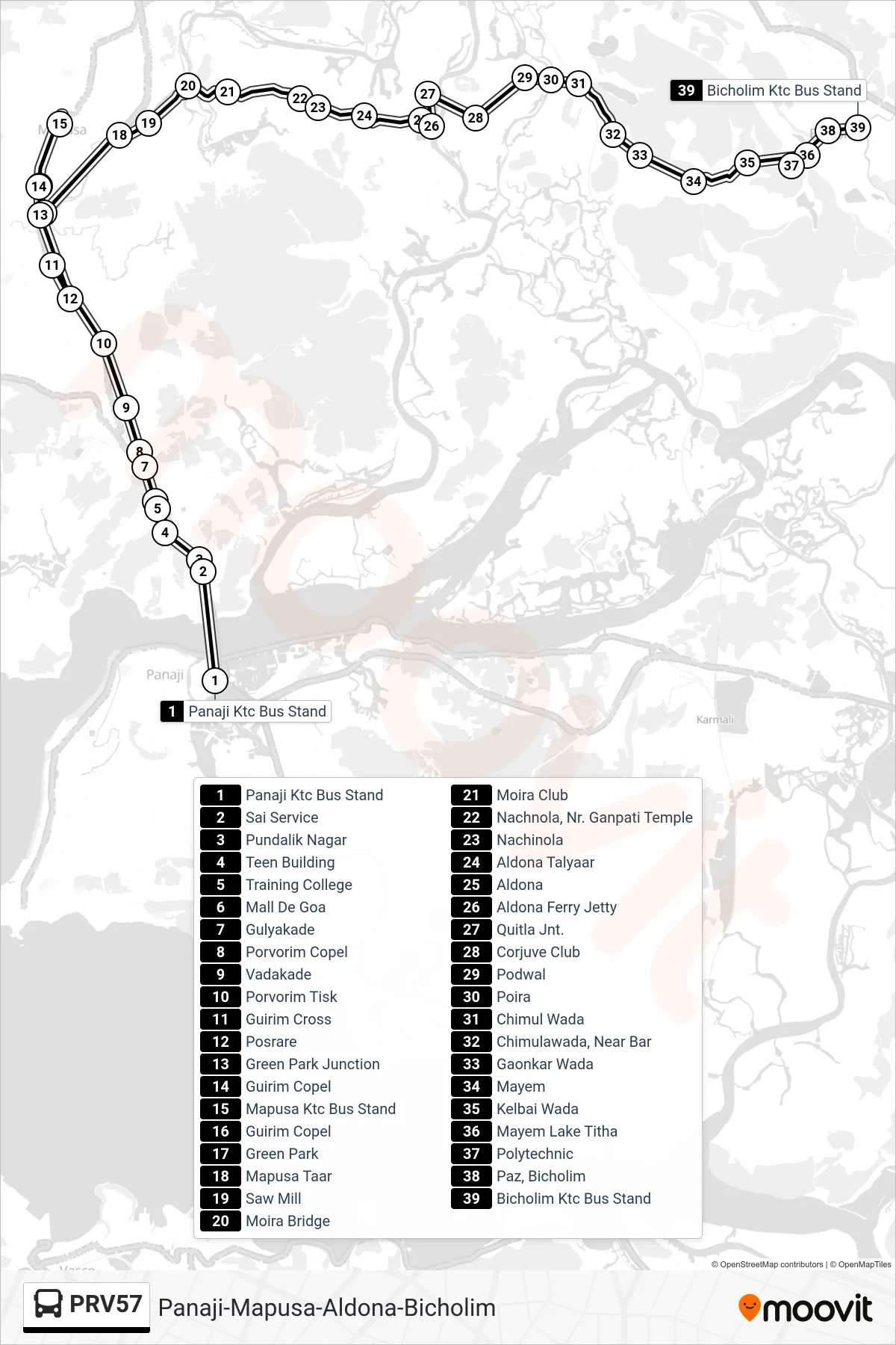 PRV57 bus Line (Panaji-Mapusa-Aldona-Bicholim) route and stops on a map