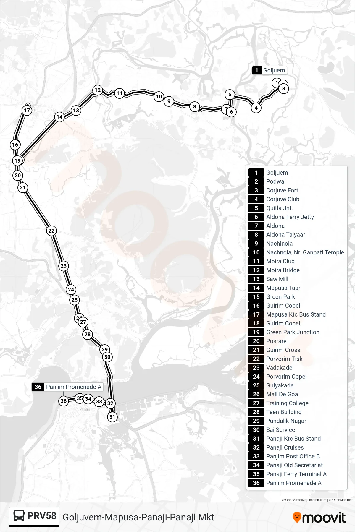 PRV58 bus Line (Goljuvem-Mapusa-Panaji-Panaji Mkt) route and stops on a map