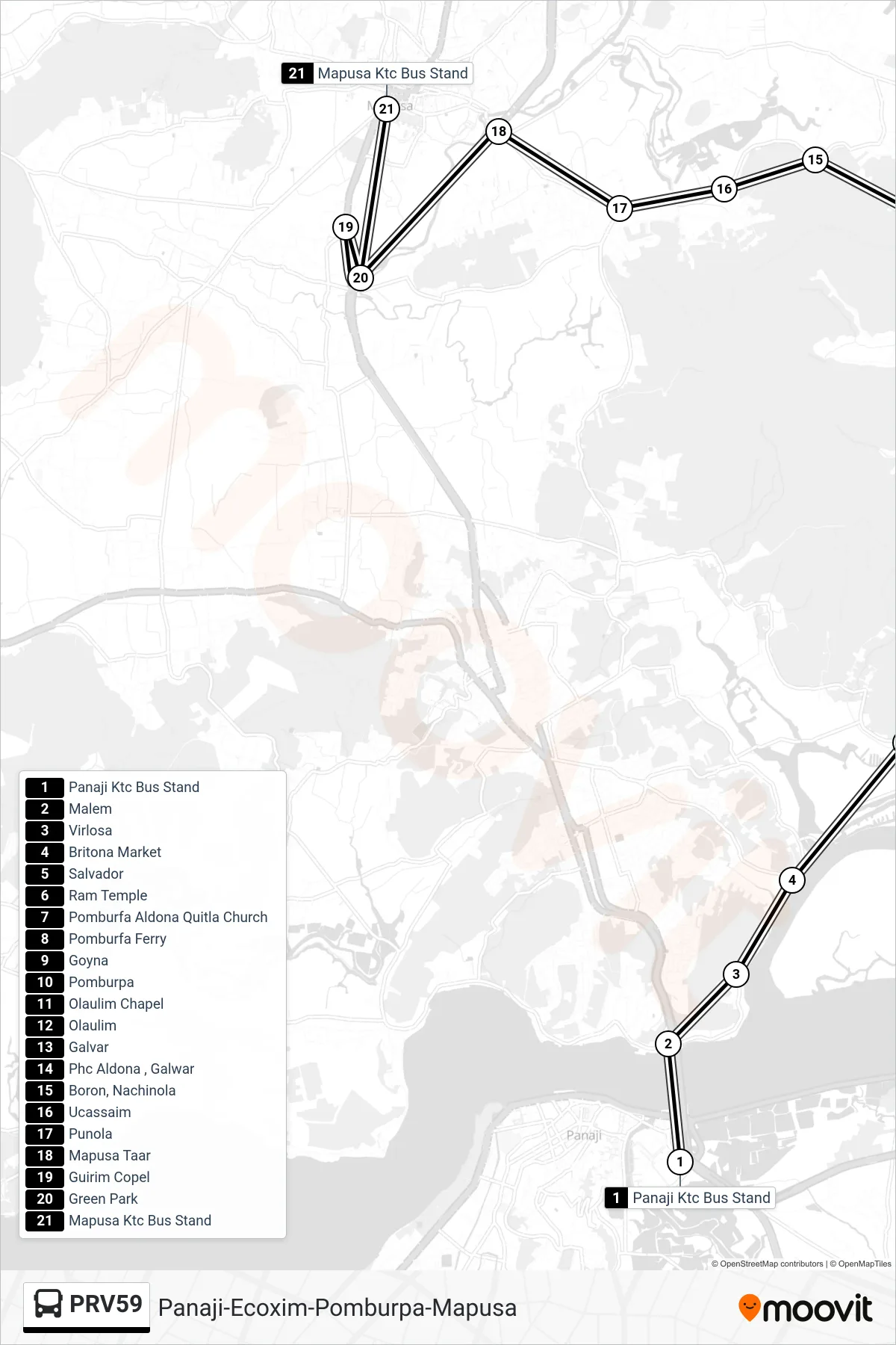 PRV59 bus Line (Panaji-Ecoxim-Pomburpa-Mapusa) route and stops on a map