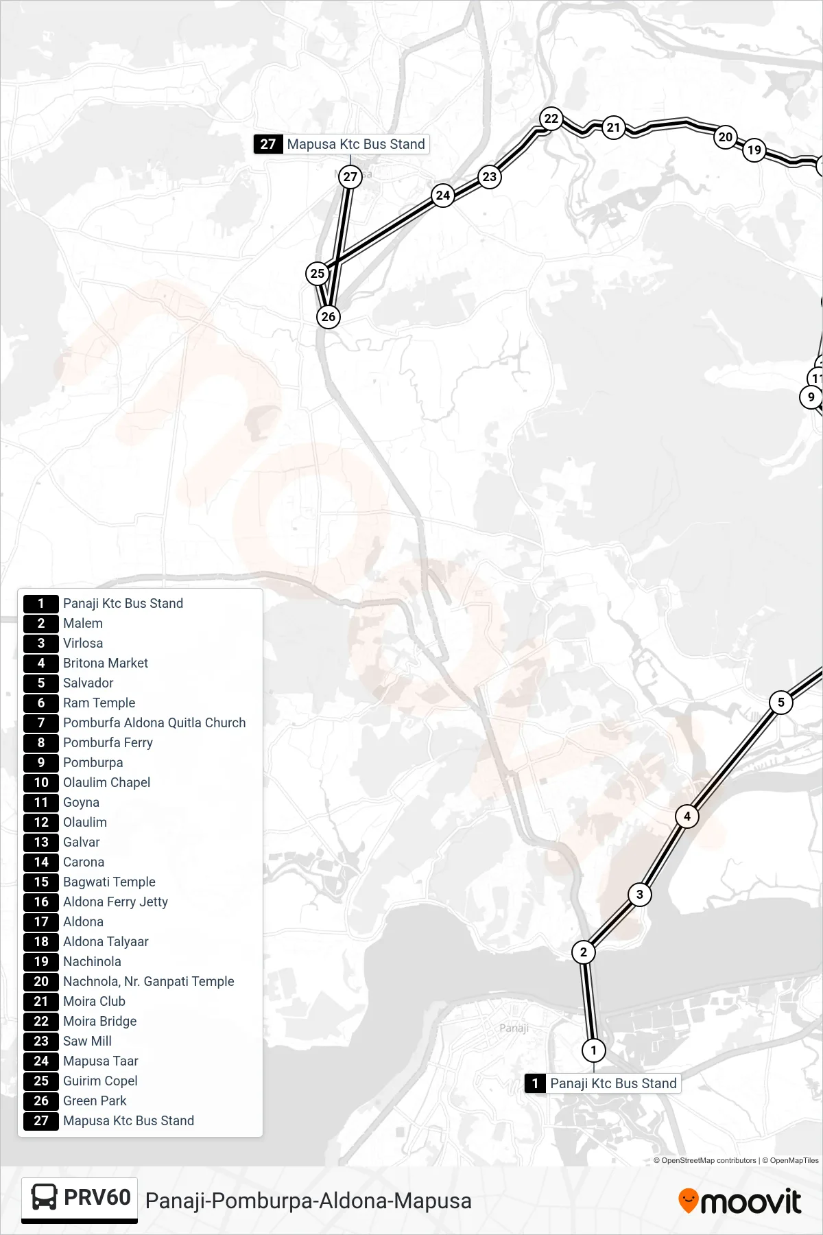 PRV60 bus Line (Panaji-Pomburpa-Aldona-Mapusa) route and stops on a map