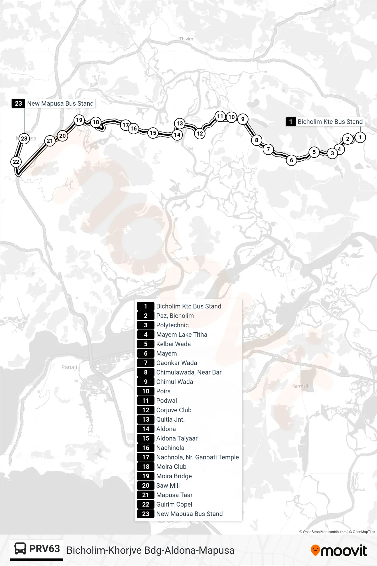 PRV63 bus Line (Bicholim-Khorjve Bdg-Aldona-Mapusa) route and stops on a map