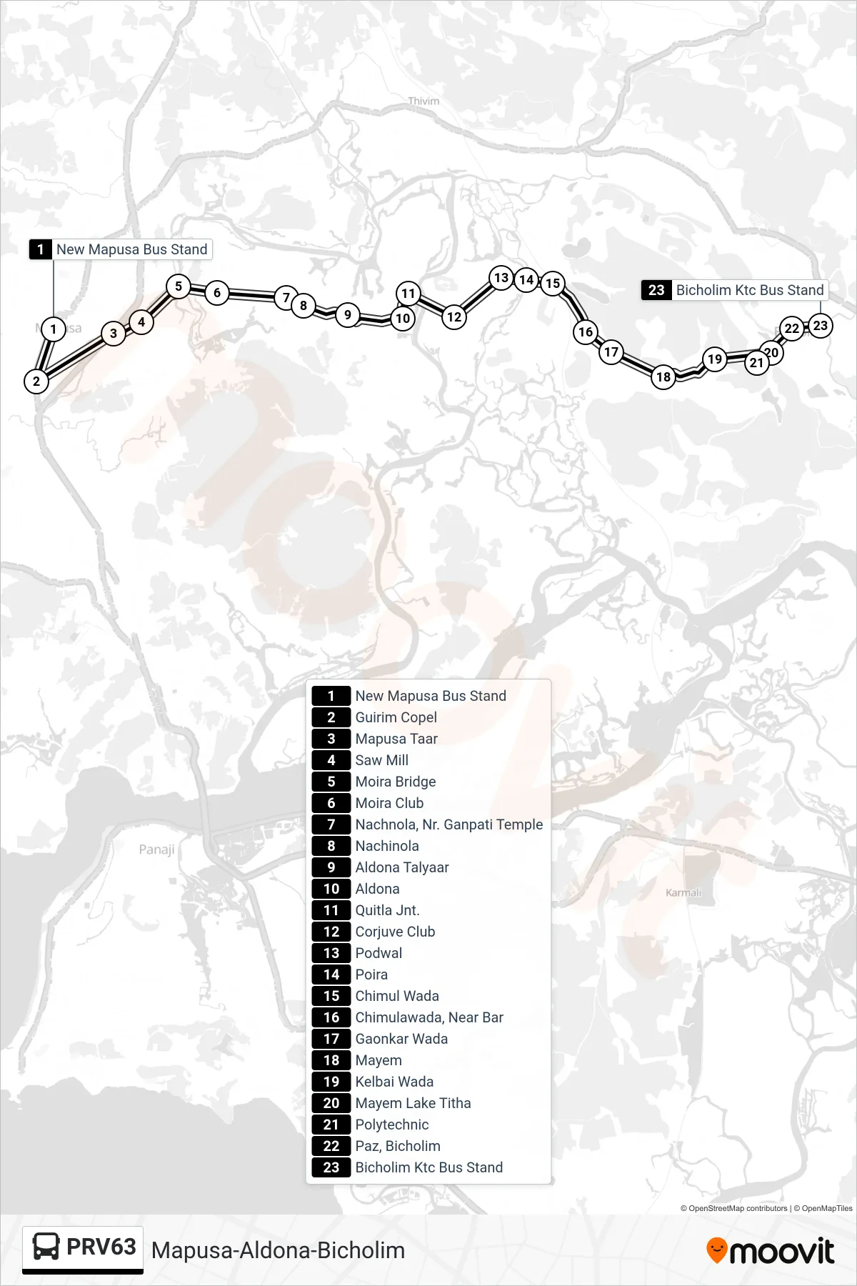 PRV63 bus Line (Mapusa-Aldona-Bicholim) route and stops on a map