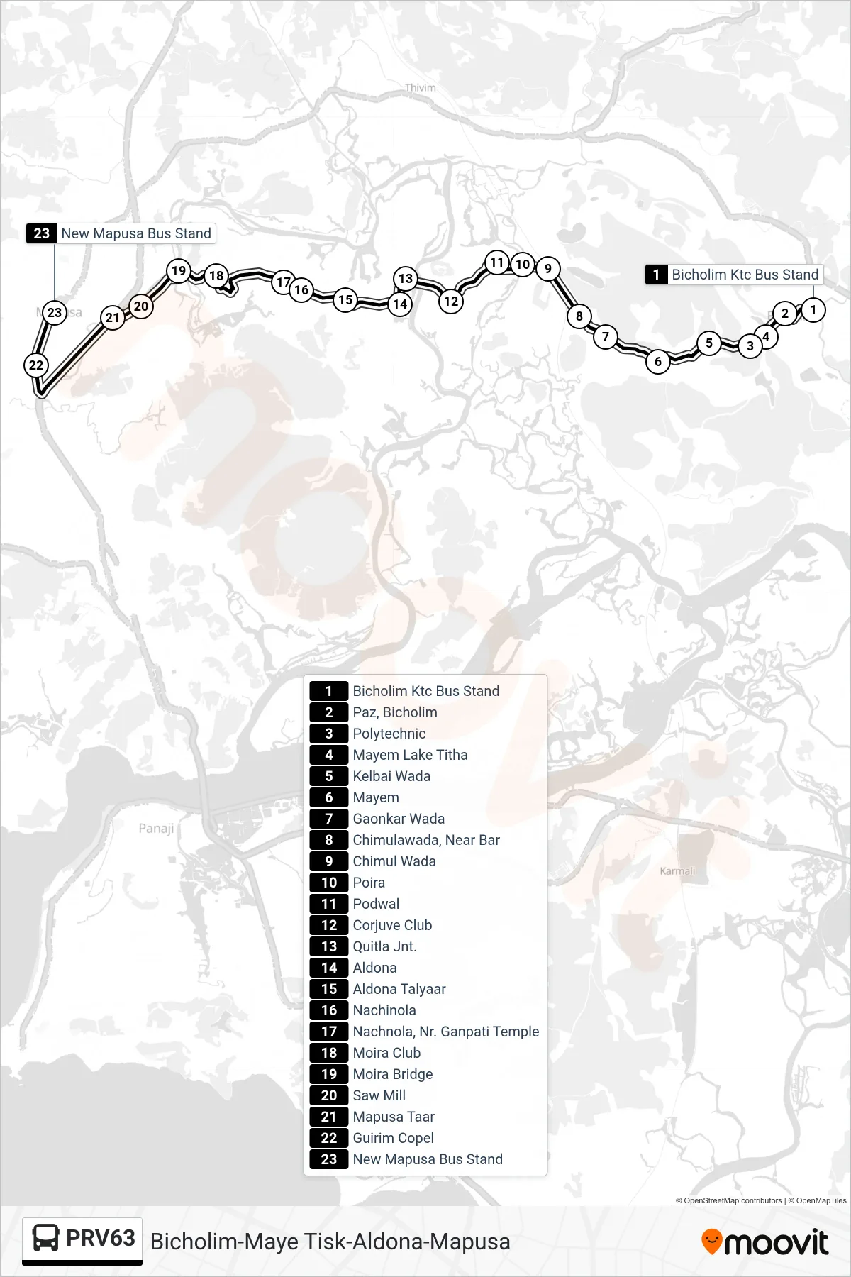 PRV63 bus Line (Bicholim-Maye Tisk-Aldona-Mapusa) route and stops on a map