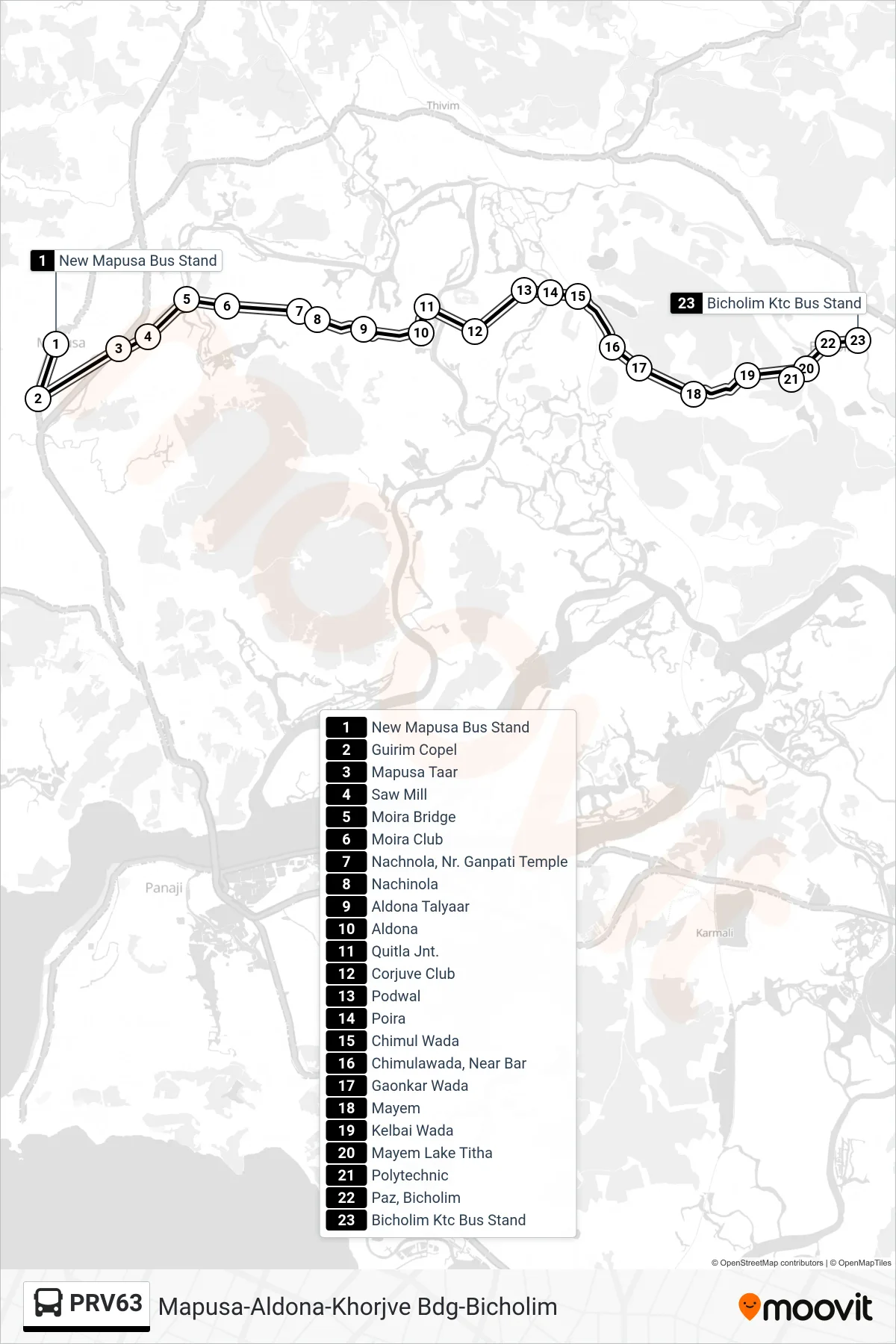 PRV63 bus Line (Mapusa-Aldona-Khorjve Bdg-Bicholim) route and stops on a map