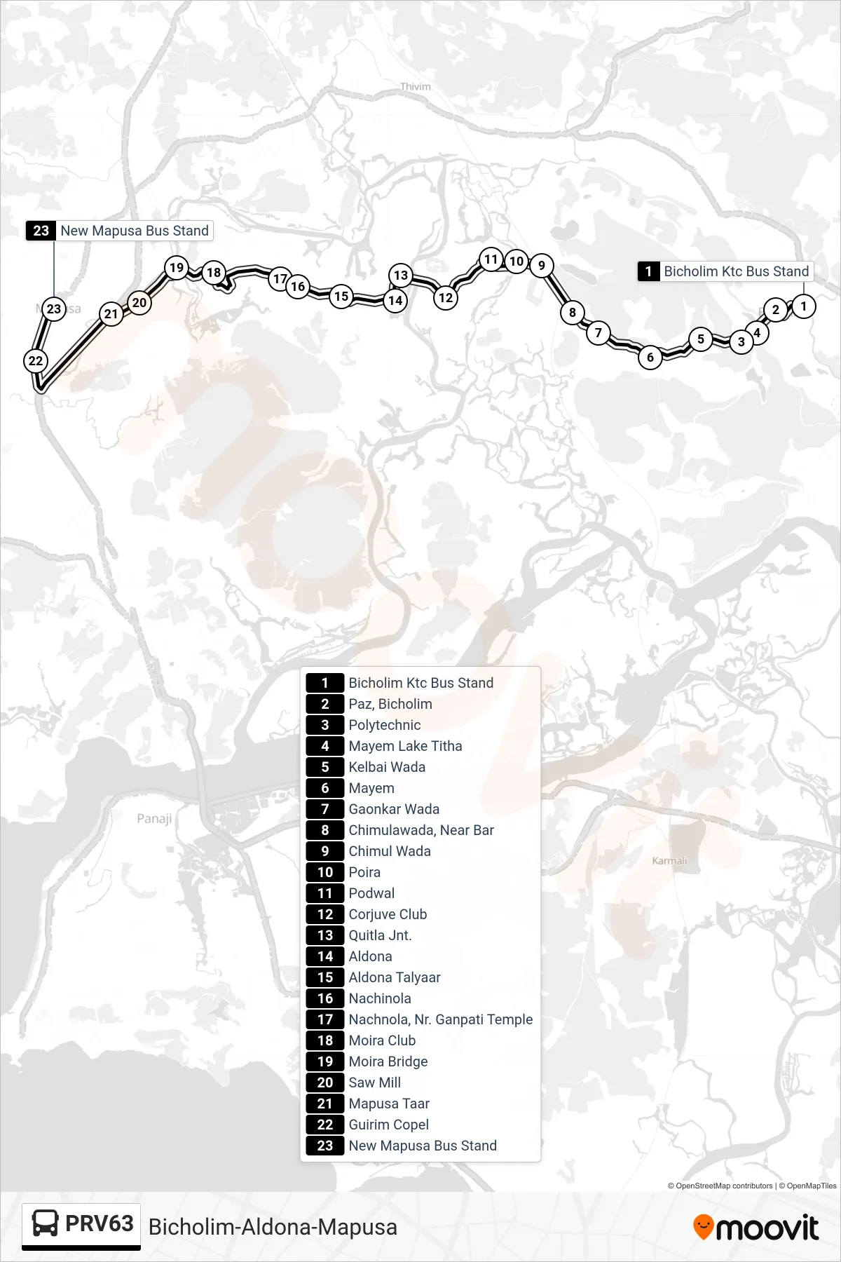 PRV63 bus Line (Bicholim-Aldona-Mapusa) route and stops on a map