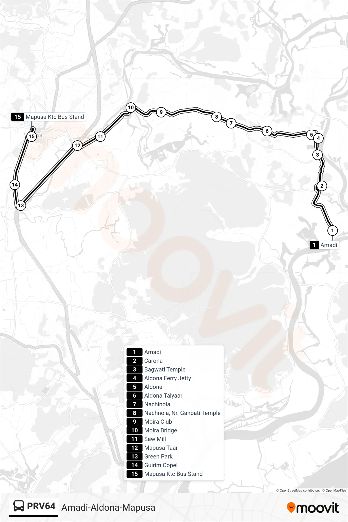PRV64 bus Line (Amadi-Aldona-Mapusa) route and stops on a map