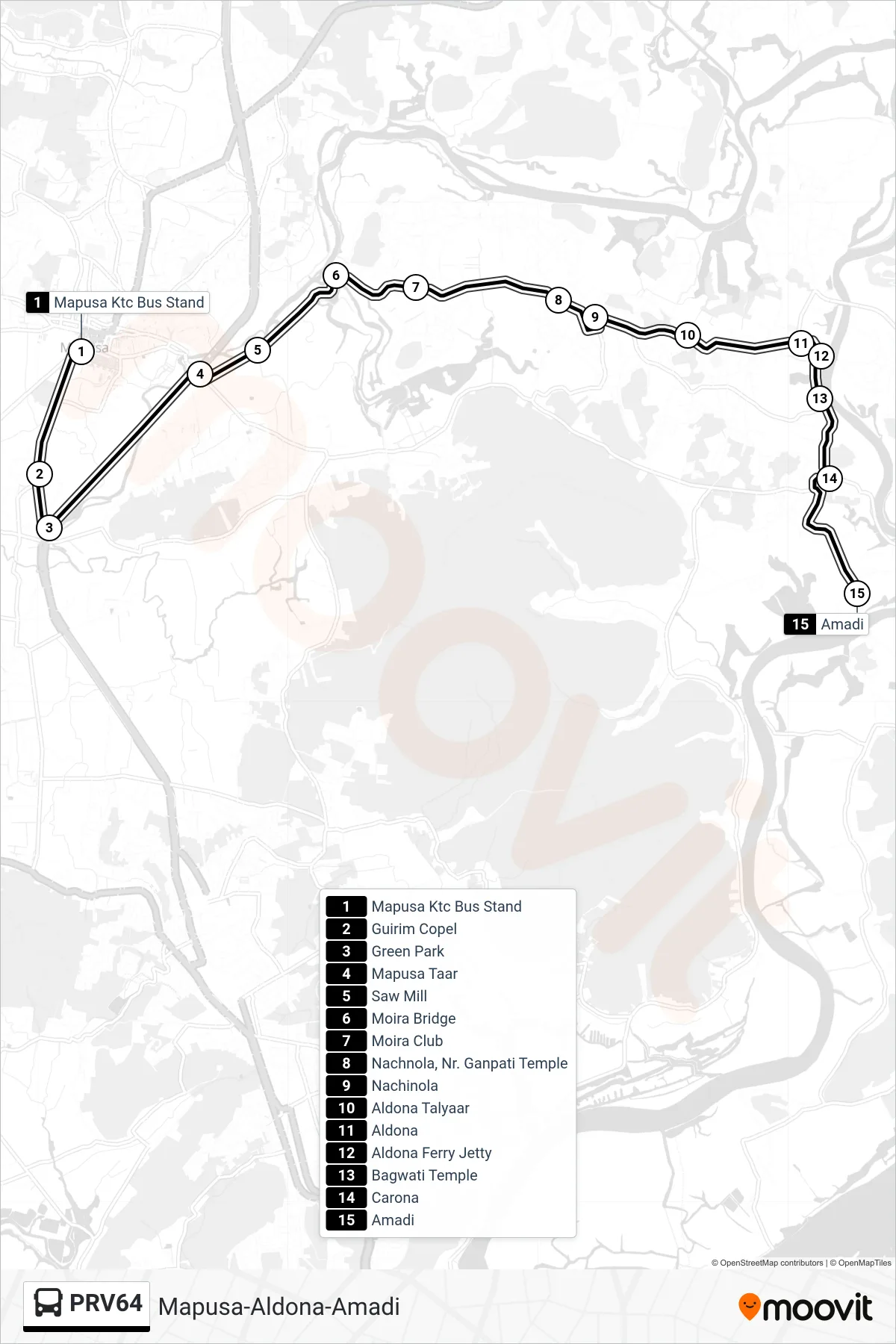 PRV64 bus Line (Mapusa-Aldona-Amadi) route and stops on a map