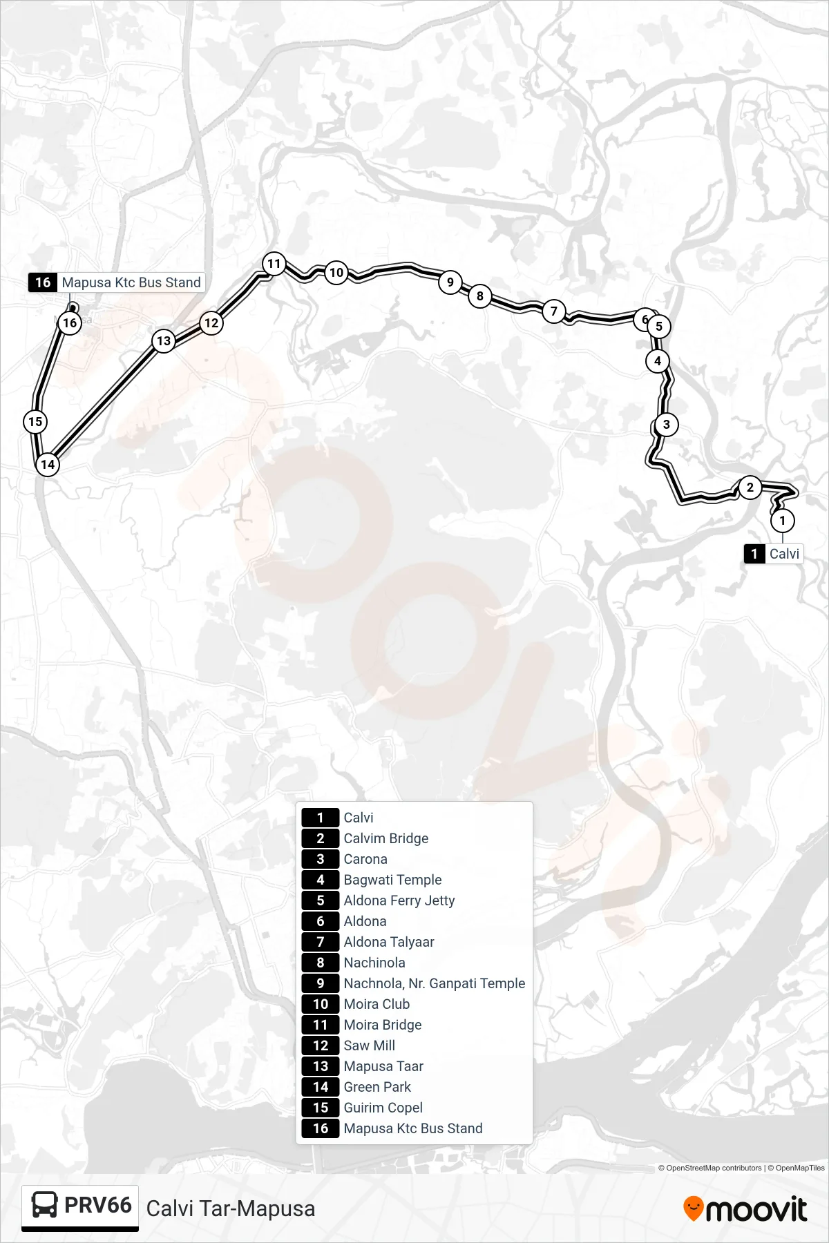 PRV66 bus Line (Calvi Tar-Mapusa) route and stops on a map