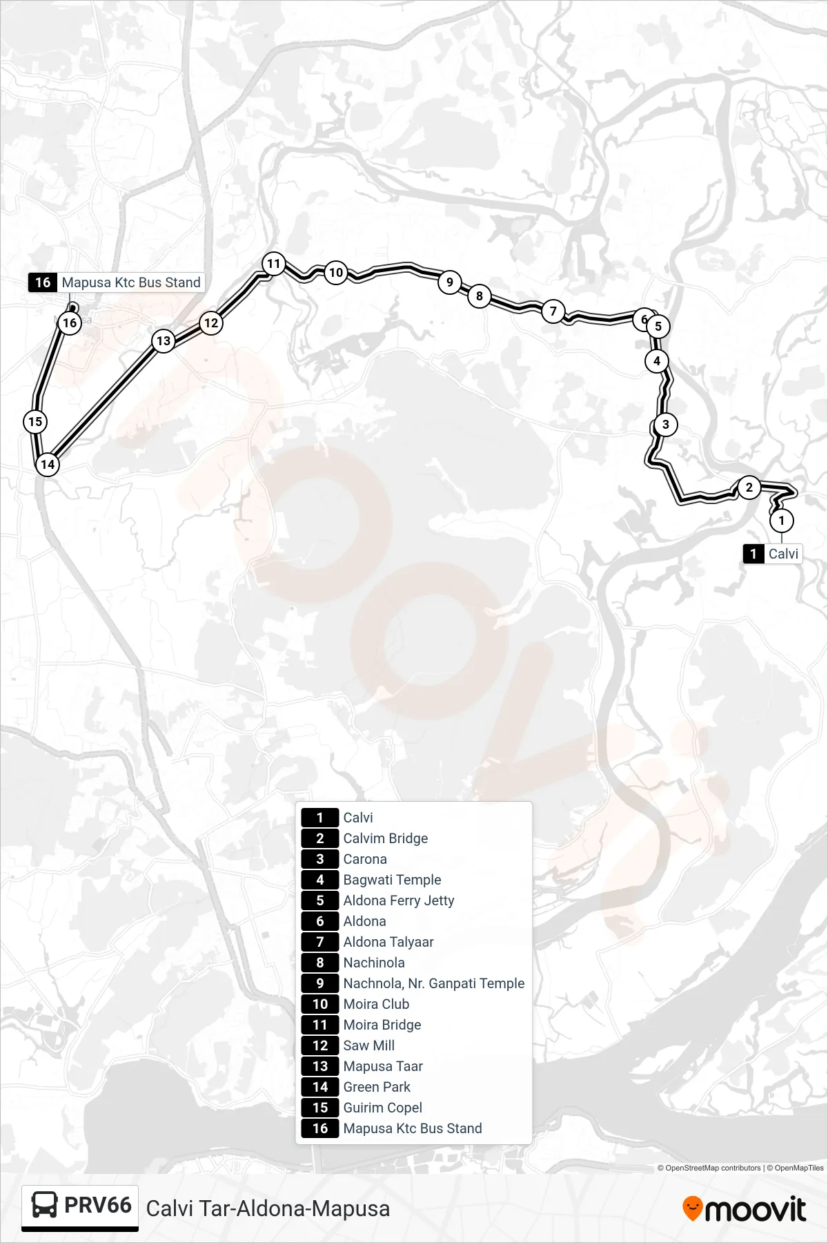 PRV66 bus Line (Calvi Tar-Aldona-Mapusa) route and stops on a map