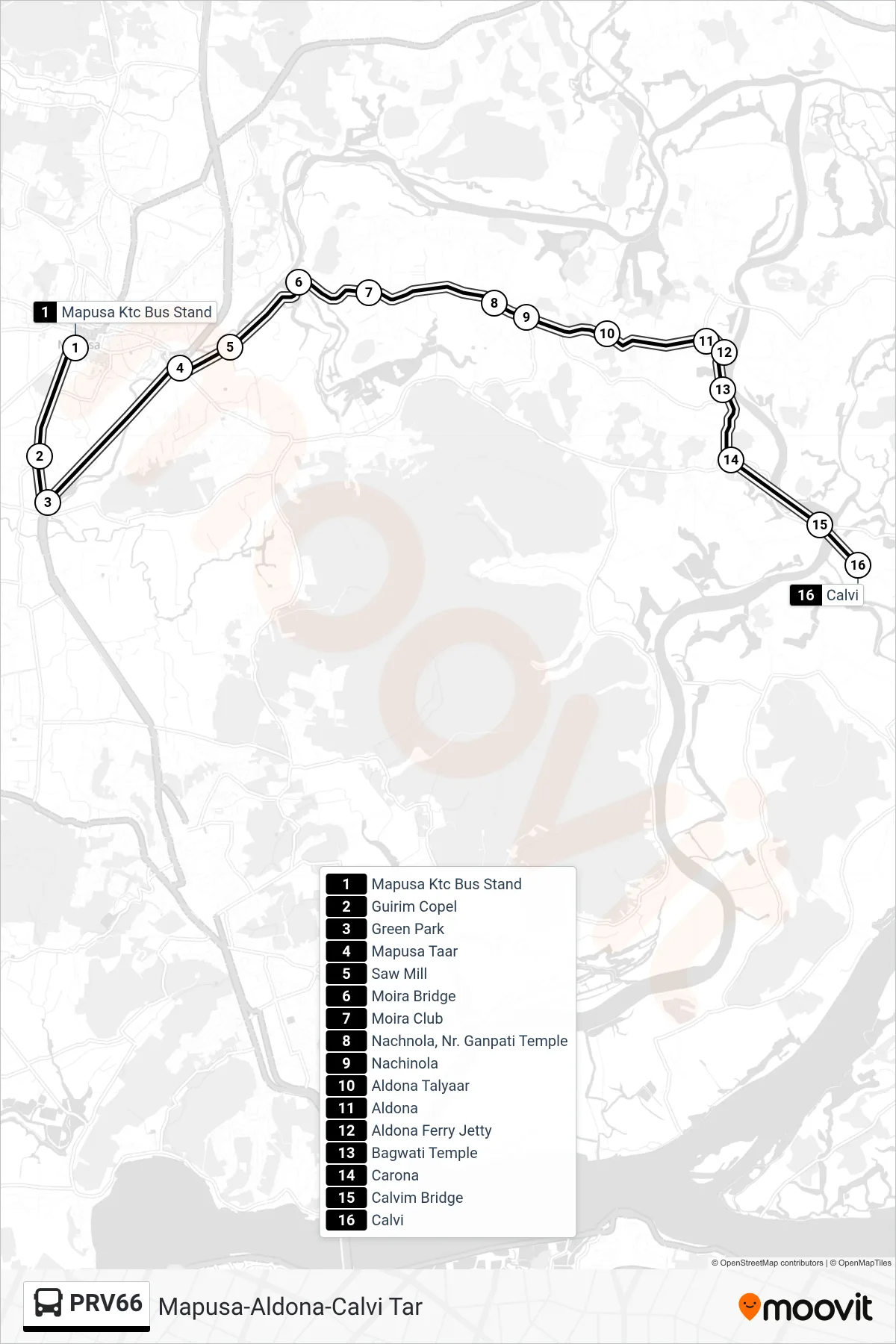 PRV66 bus Line (Mapusa-Aldona-Calvi Tar) route and stops on a map