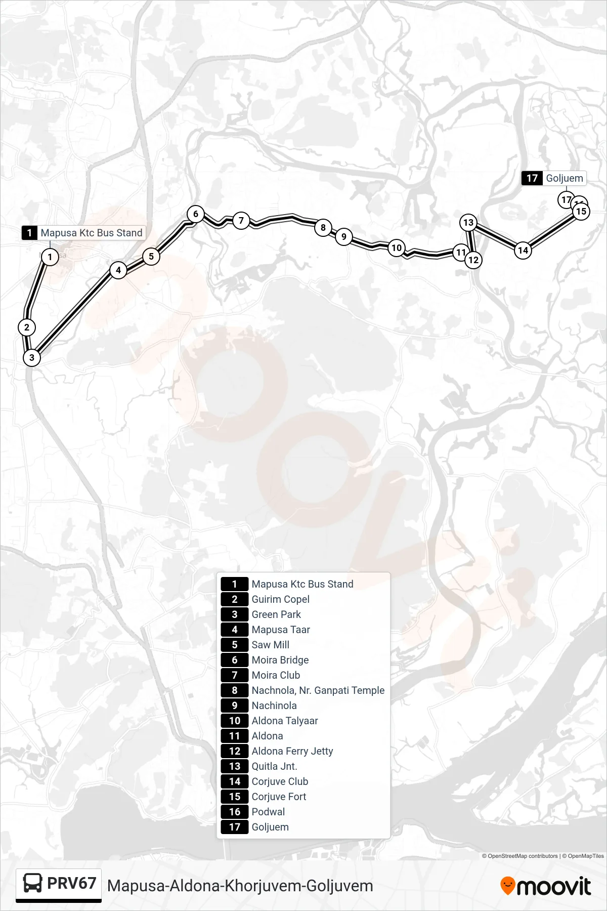 PRV67 bus Line (Mapusa-Aldona-Khorjuvem-Goljuvem) route and stops on a map