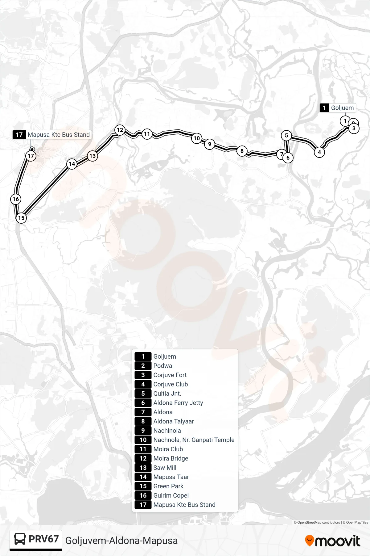 PRV67 bus Line (Goljuvem-Aldona-Mapusa) route and stops on a map