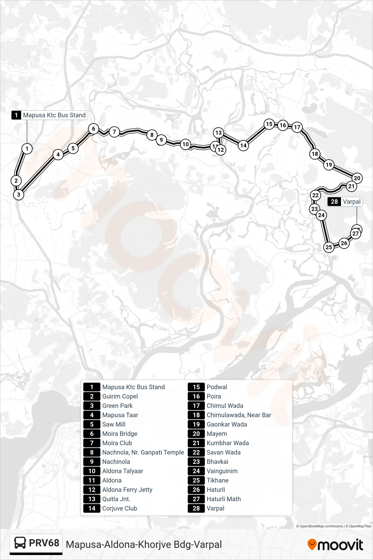 PRV68 bus Line (Mapusa-Aldona-Khorjve Bdg-Varpal) route and stops on a map