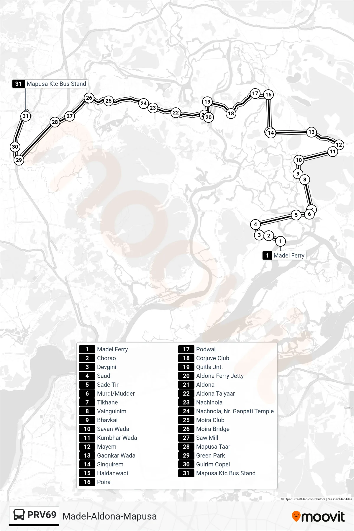 PRV69 bus Line (Madel-Aldona-Mapusa) route and stops on a map