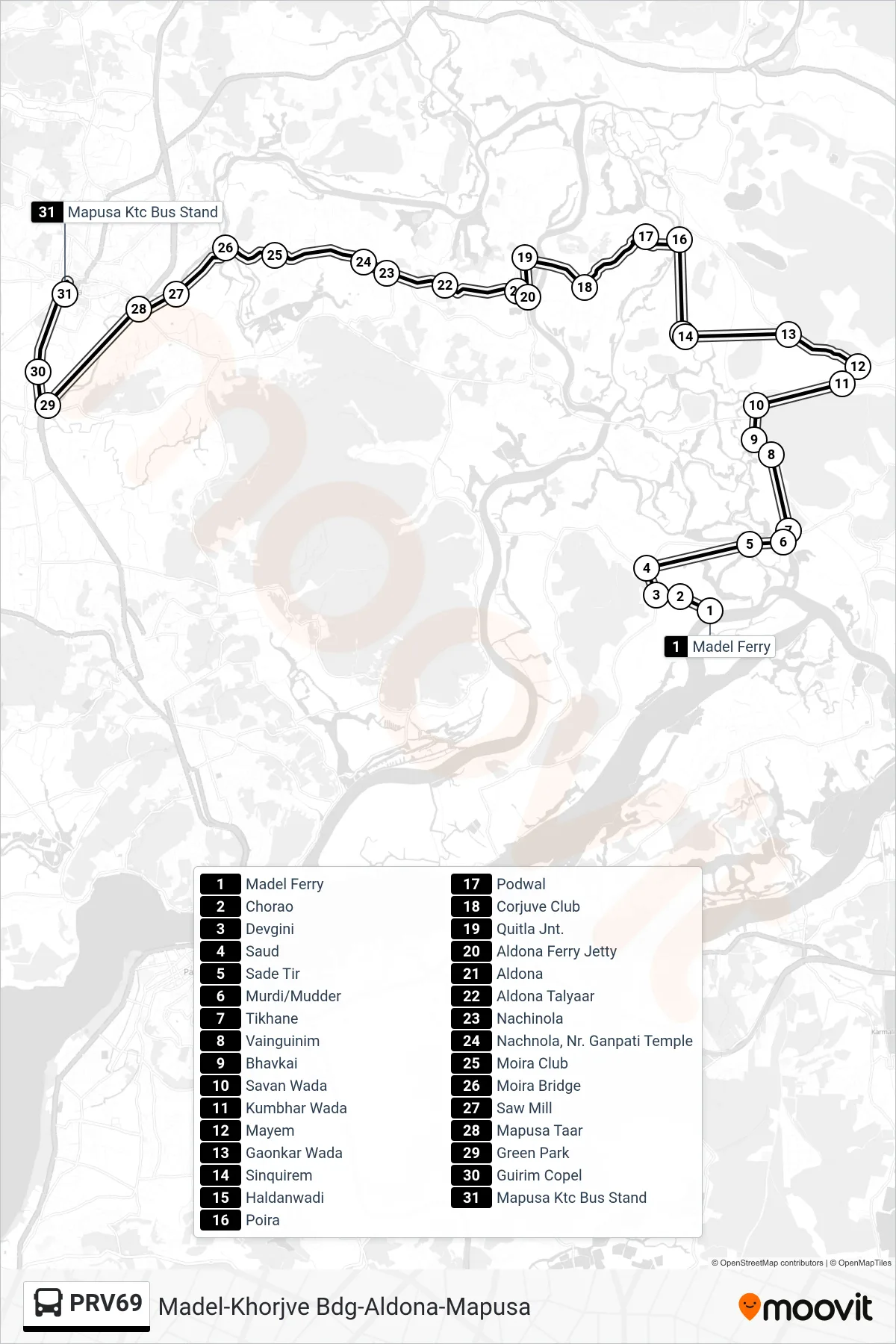 PRV69 bus Line (Madel-Khorjve Bdg-Aldona-Mapusa) route and stops on a map