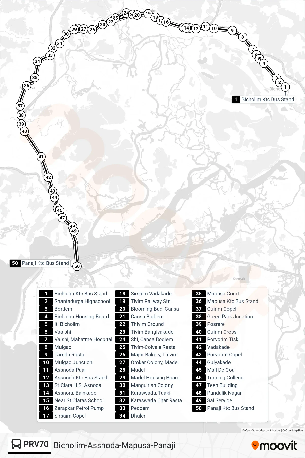 PRV70 bus Line (Bicholim-Assnoda-Mapusa-Panaji) route and stops on a map