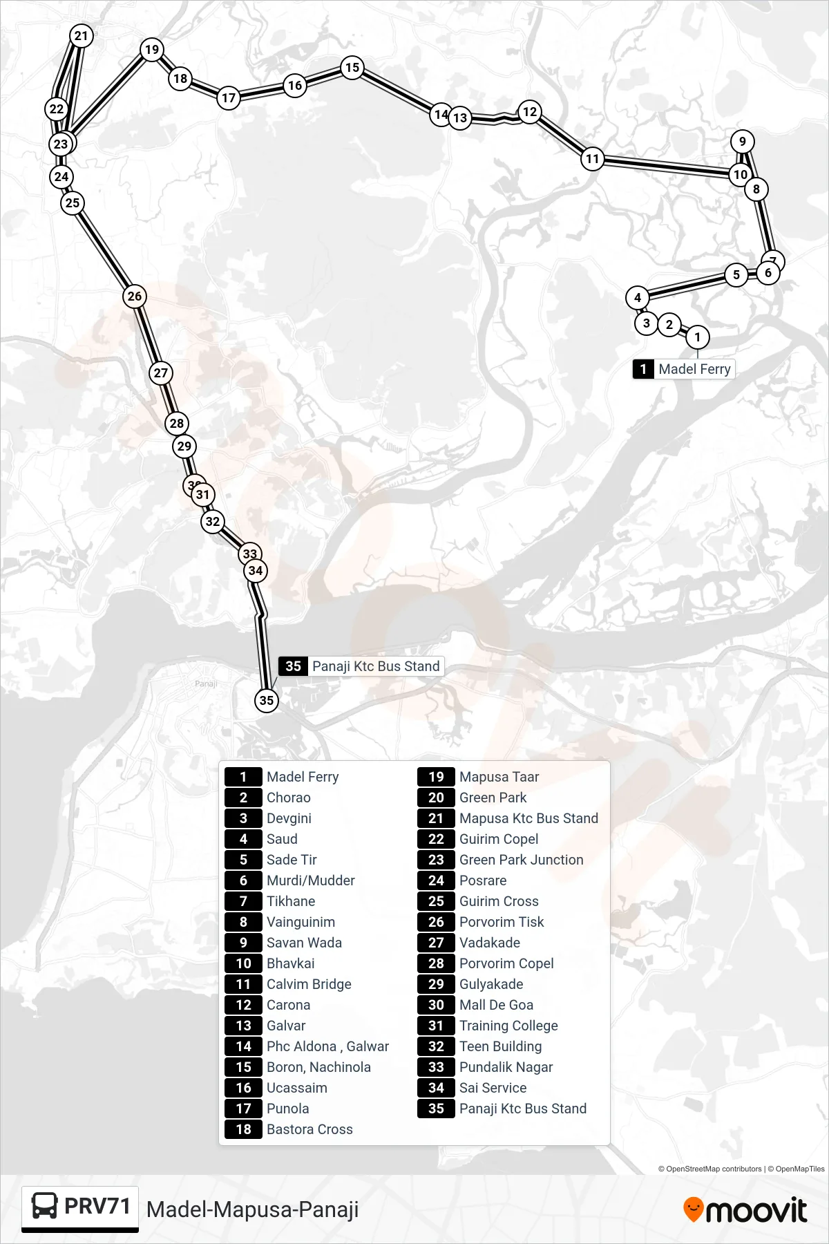PRV71 bus Line (Madel-Mapusa-Panaji) route and stops on a map