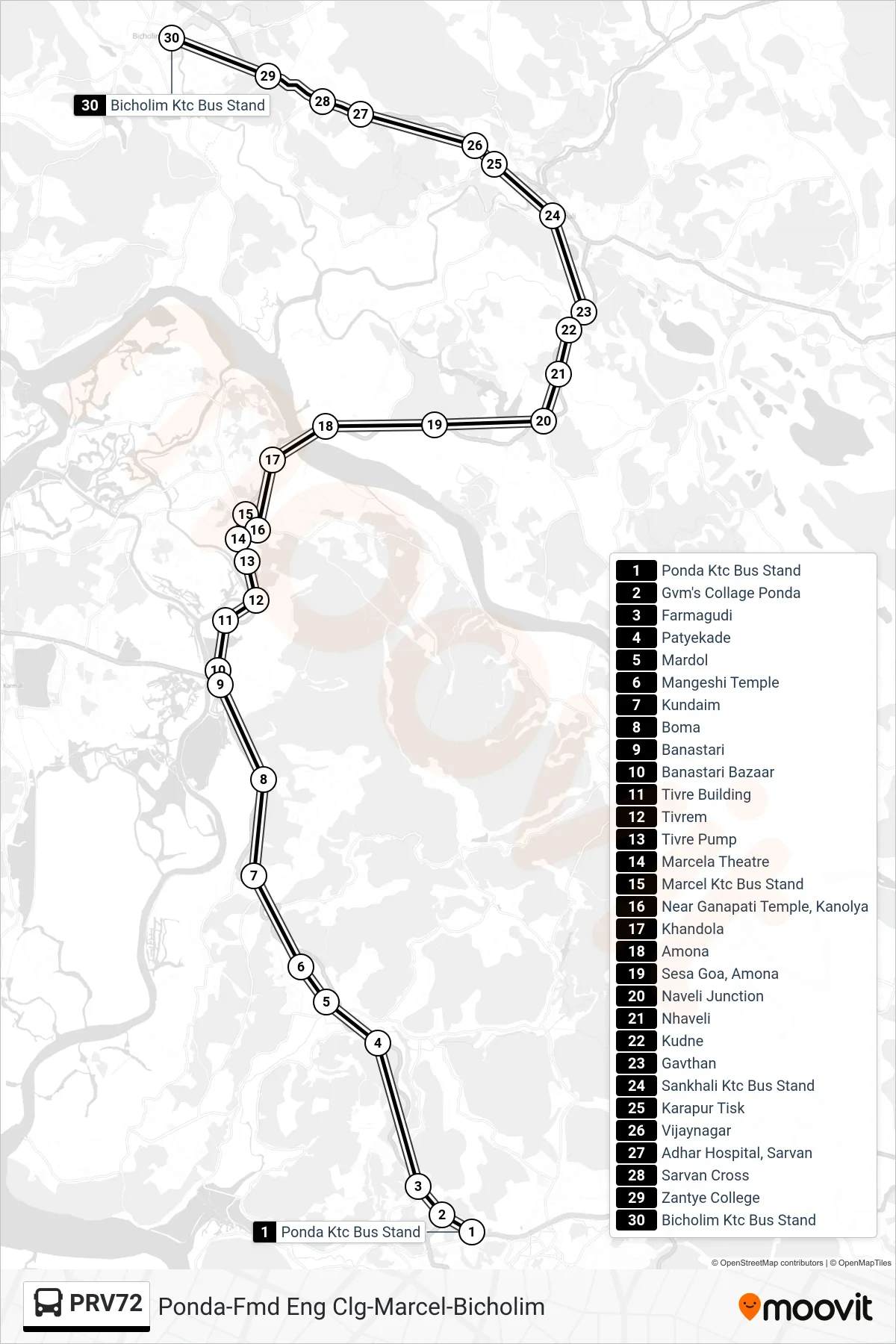 PRV72 bus Line (Ponda-Fmd Eng Clg-Marcel-Bicholim) route and stops on a map