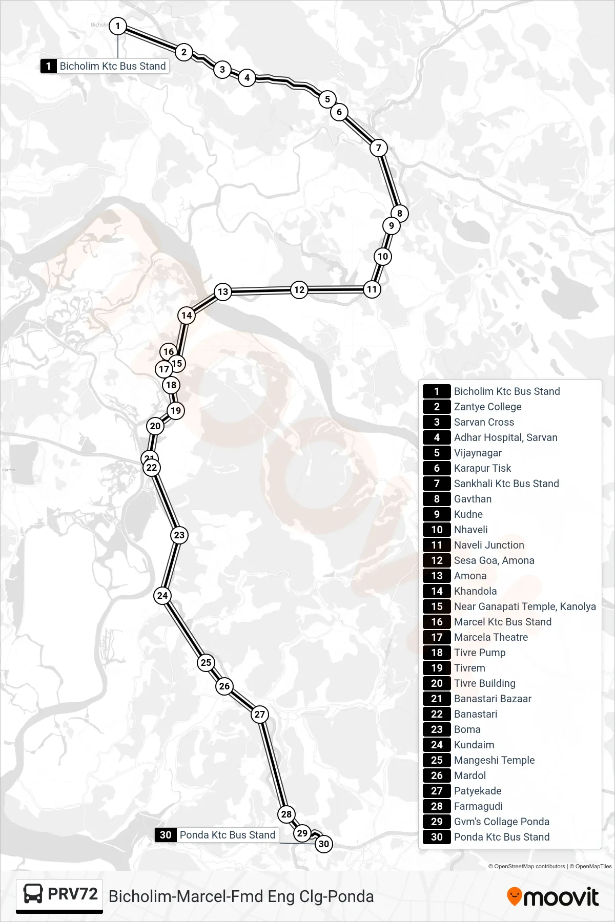 PRV72 bus Line (Bicholim-Marcel-Fmd Eng Clg-Ponda) route and stops on a map