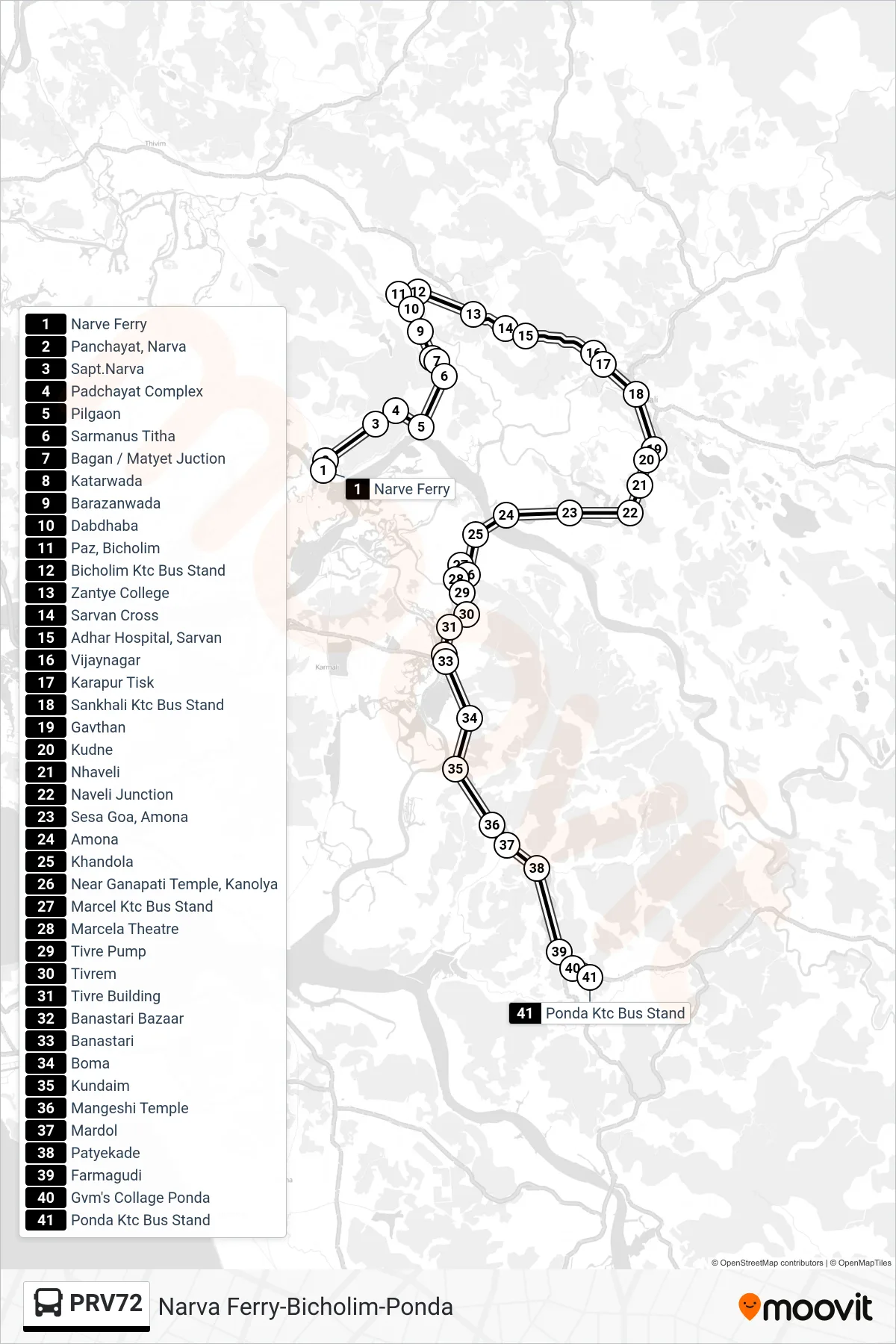 PRV72 bus Line (Narva Ferry-Bicholim-Ponda) route and stops on a map