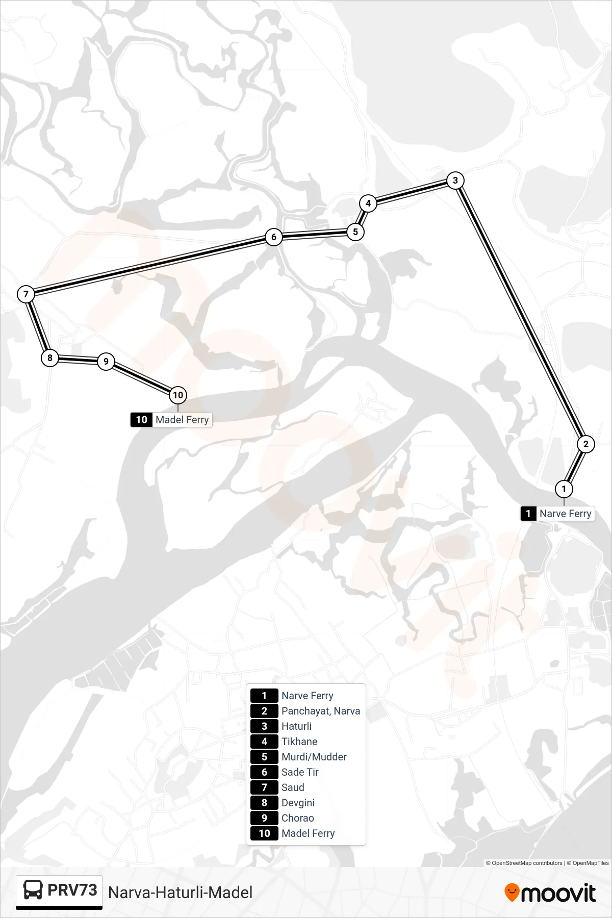 PRV73 bus Line (Narva-Haturli-Madel) route and stops on a map