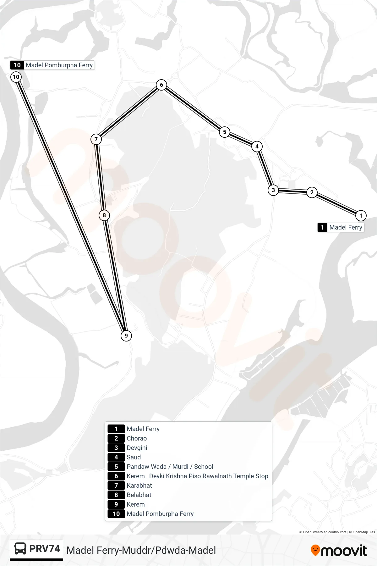 PRV74 bus Line (Madel Ferry-Muddr/Pdwda-Madel) route and stops on a map