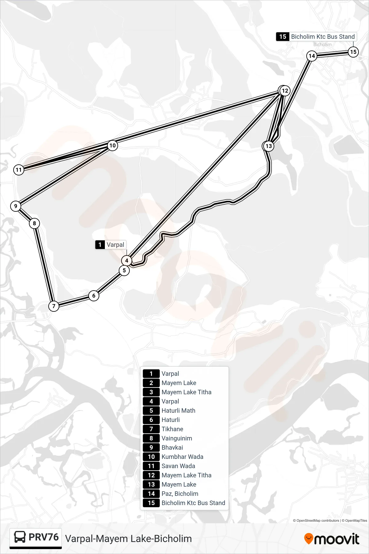PRV76 bus Line (Varpal-Mayem Lake-Bicholim) route and stops on a map