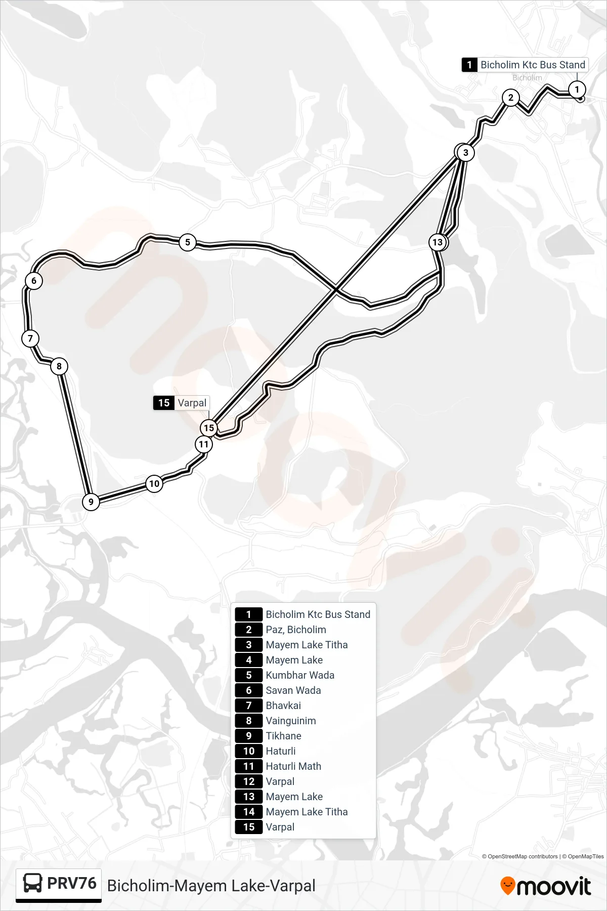 PRV76 bus Line (Bicholim-Mayem Lake-Varpal) route and stops on a map